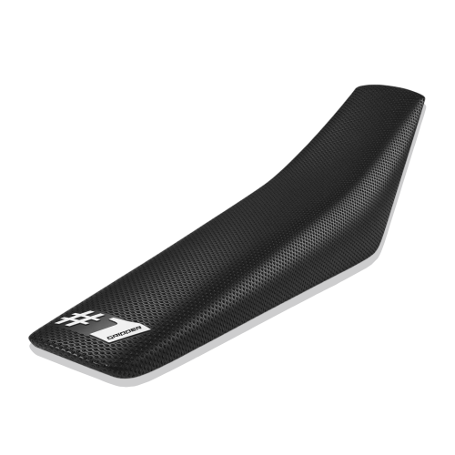 Black motorcycle seat cover with a brand logo on a white background
