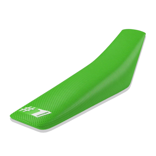 Green motorcycle seat cover with a brand logo on a white background