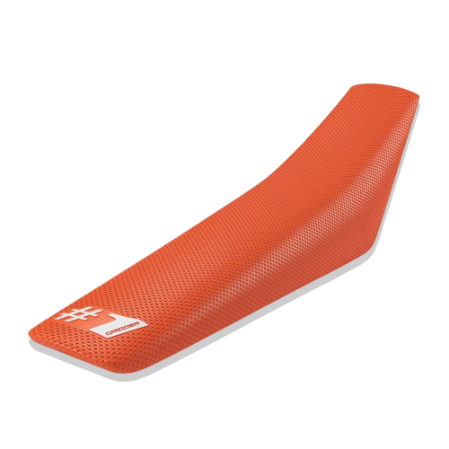 Orange motorcycle seat with a white logo on a white background
