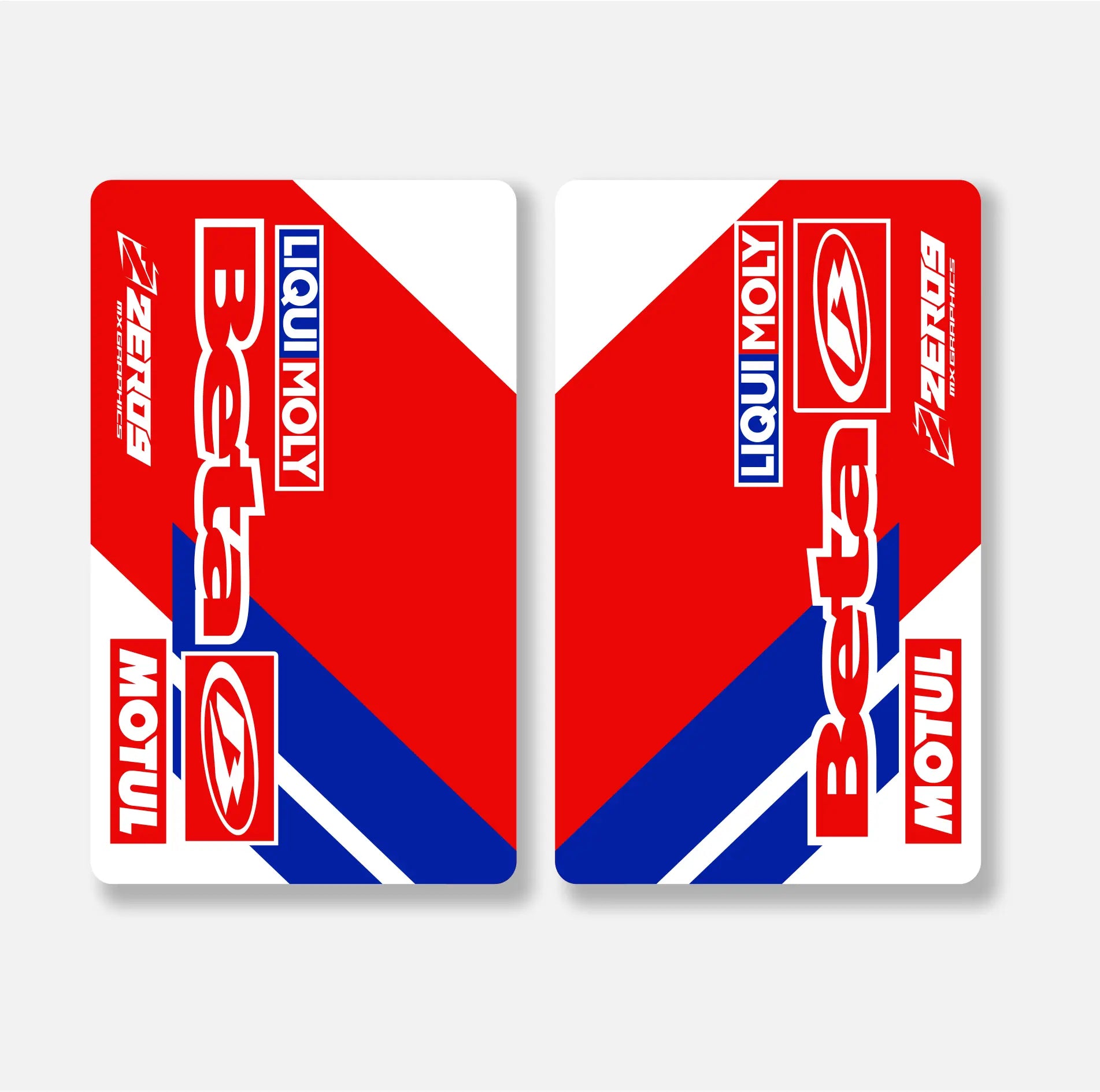 Two red and blue motorcycle decals with Beta and Liqui Moly branding on a white background.