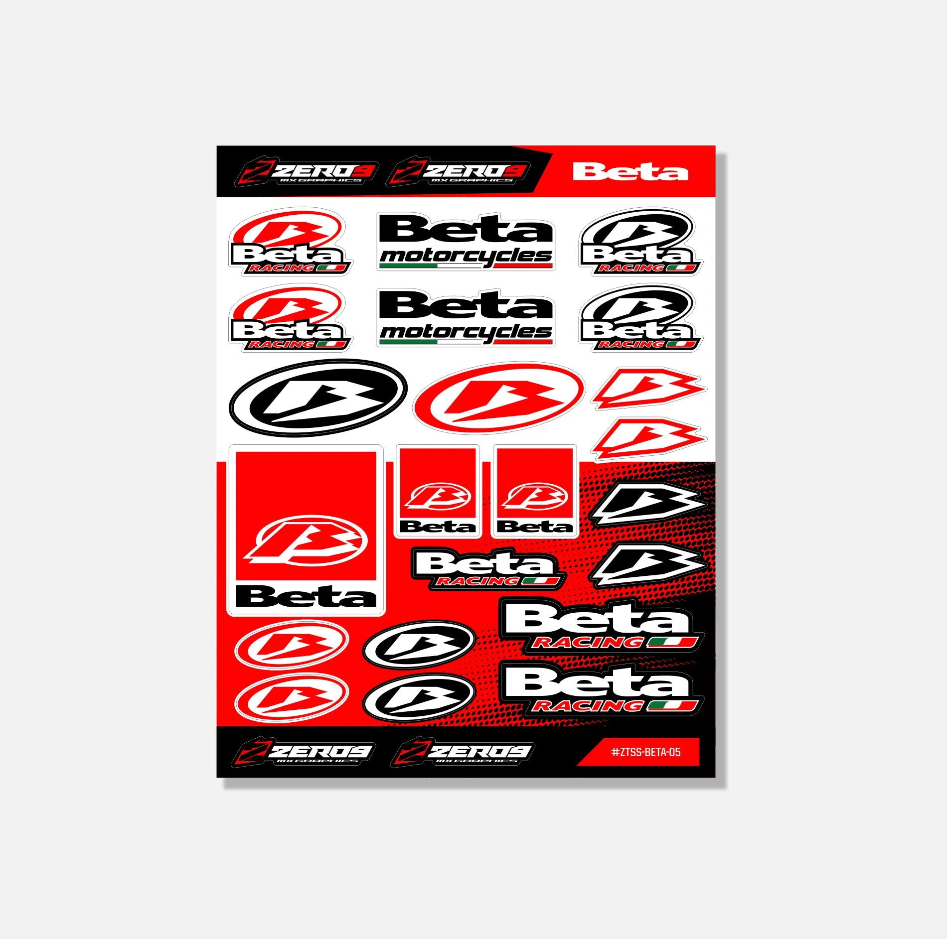 Sheet of Beta Racing motorbike stickers and product logos featuring red, black, and white mx graphics designs.