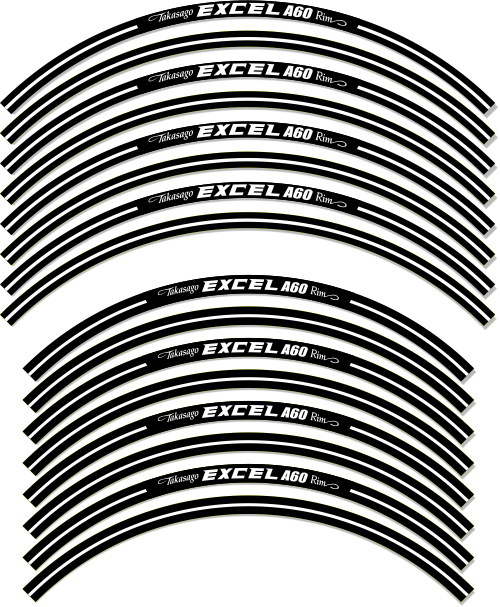 Set of black rim strips with 'Excel A60' branding on a white background
