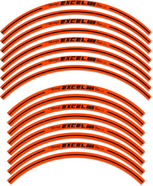Multiple orange rim strips with 'Excel A60' branding on a white background