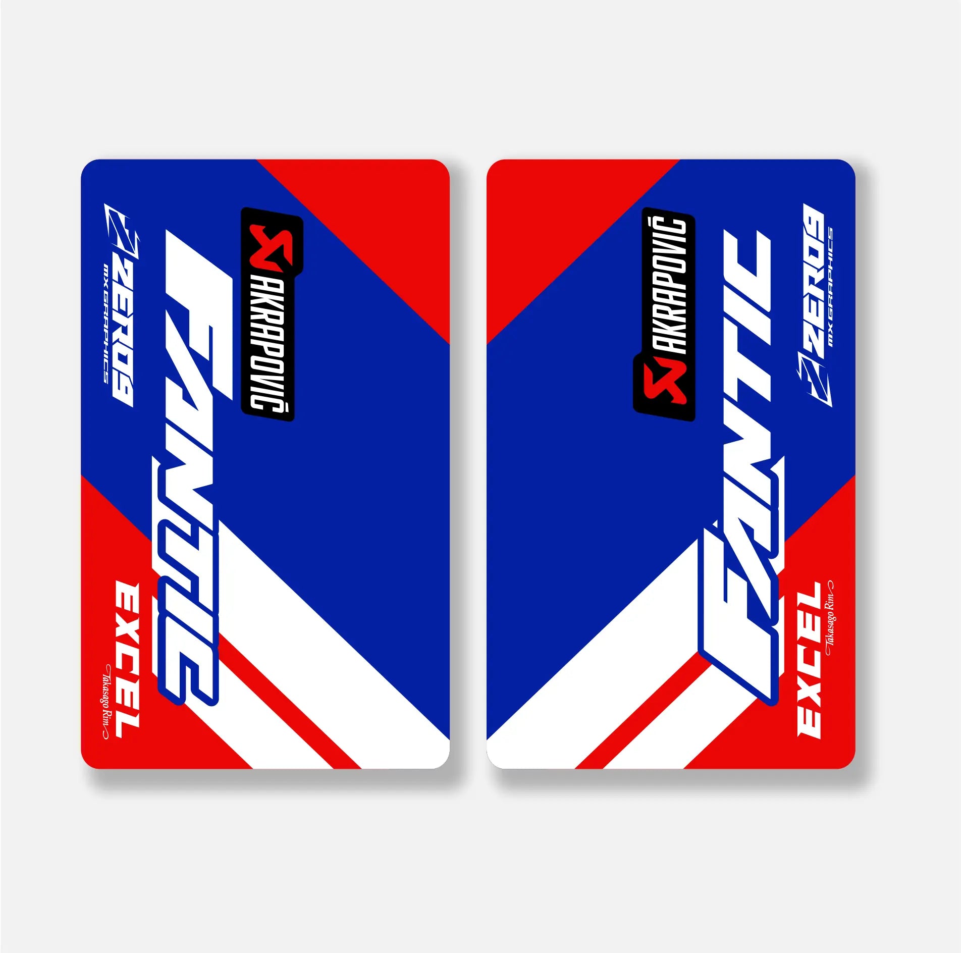 Two Fantic motorcycle fork decals with red, blue, and white design on a light grey background.