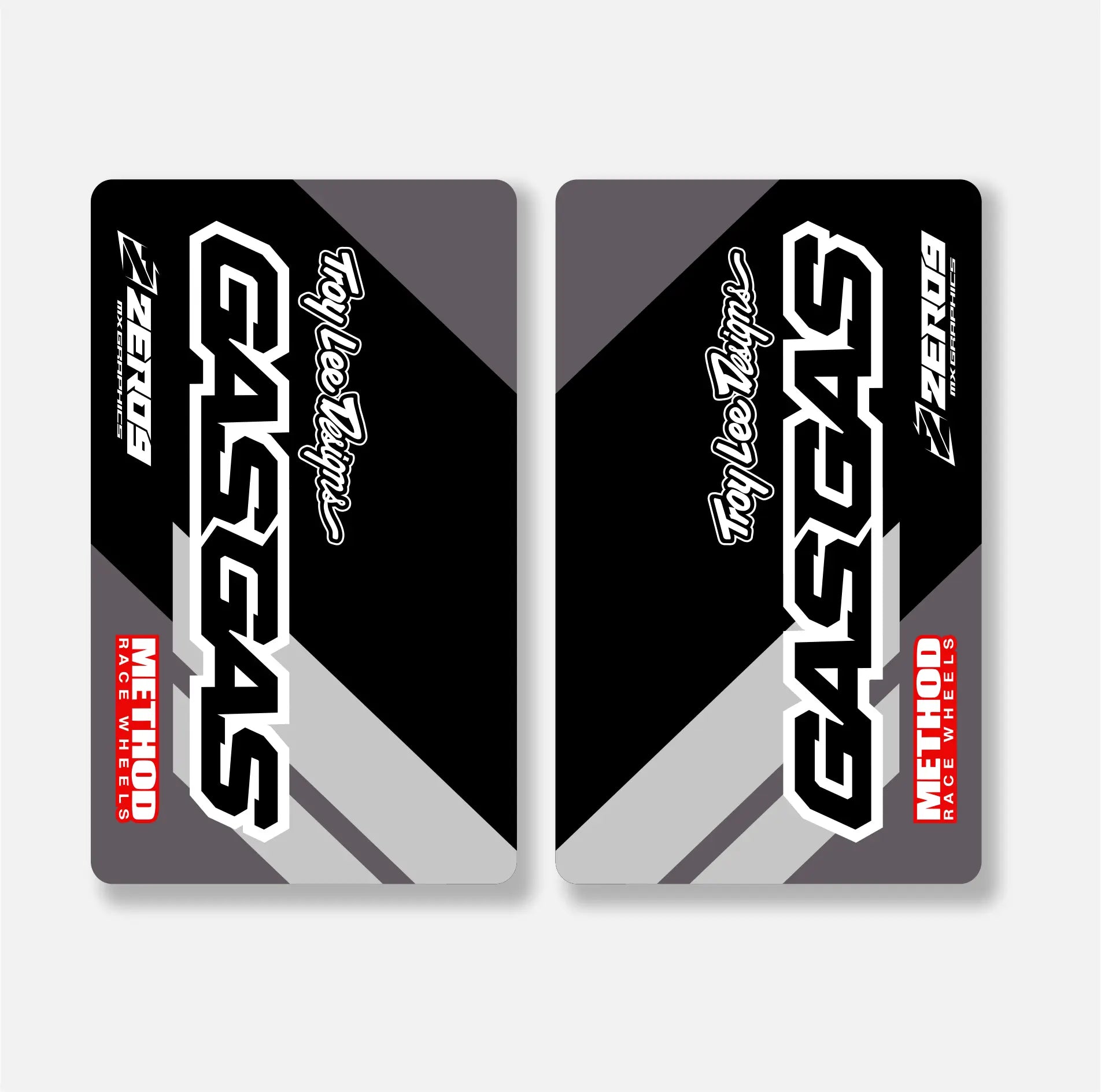 Two GasGas motorcycle fork decals with branding on a white background