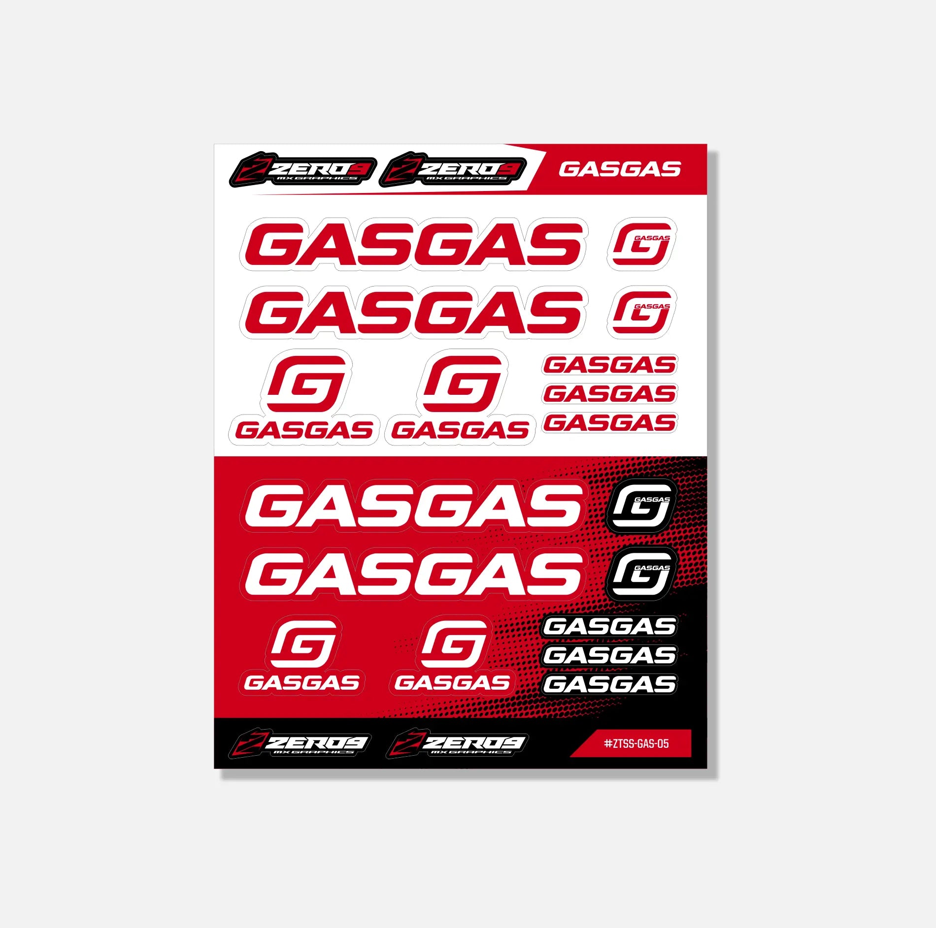 GASGAS sticker sheet featuring red and black MX graphics logos and branding elements on white and red backgrounds