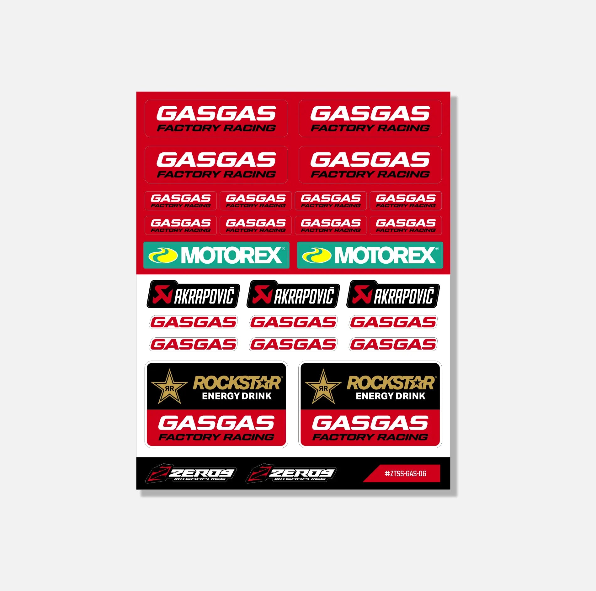 Red and black GASGAS sticker sheet featuring racing and motorsport brand logos for mx graphics customization.