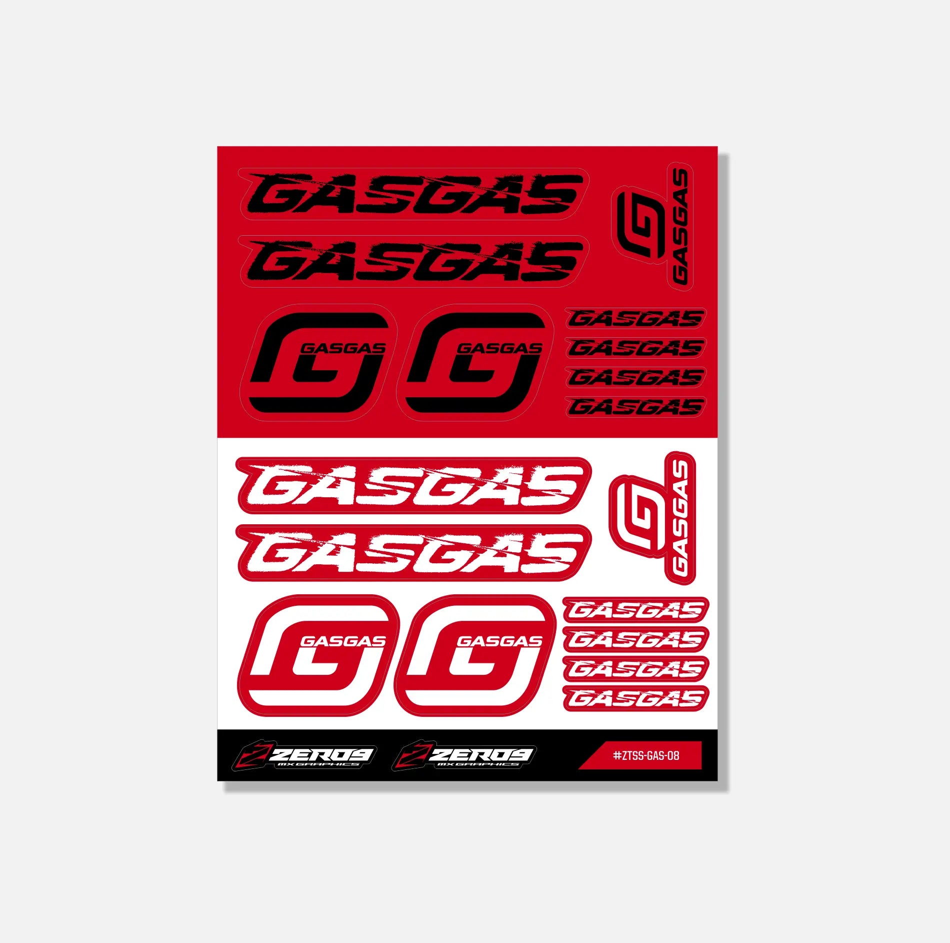 GASGAS sticker sheet with bold red and white mx graphics and logo designs for motocross customization