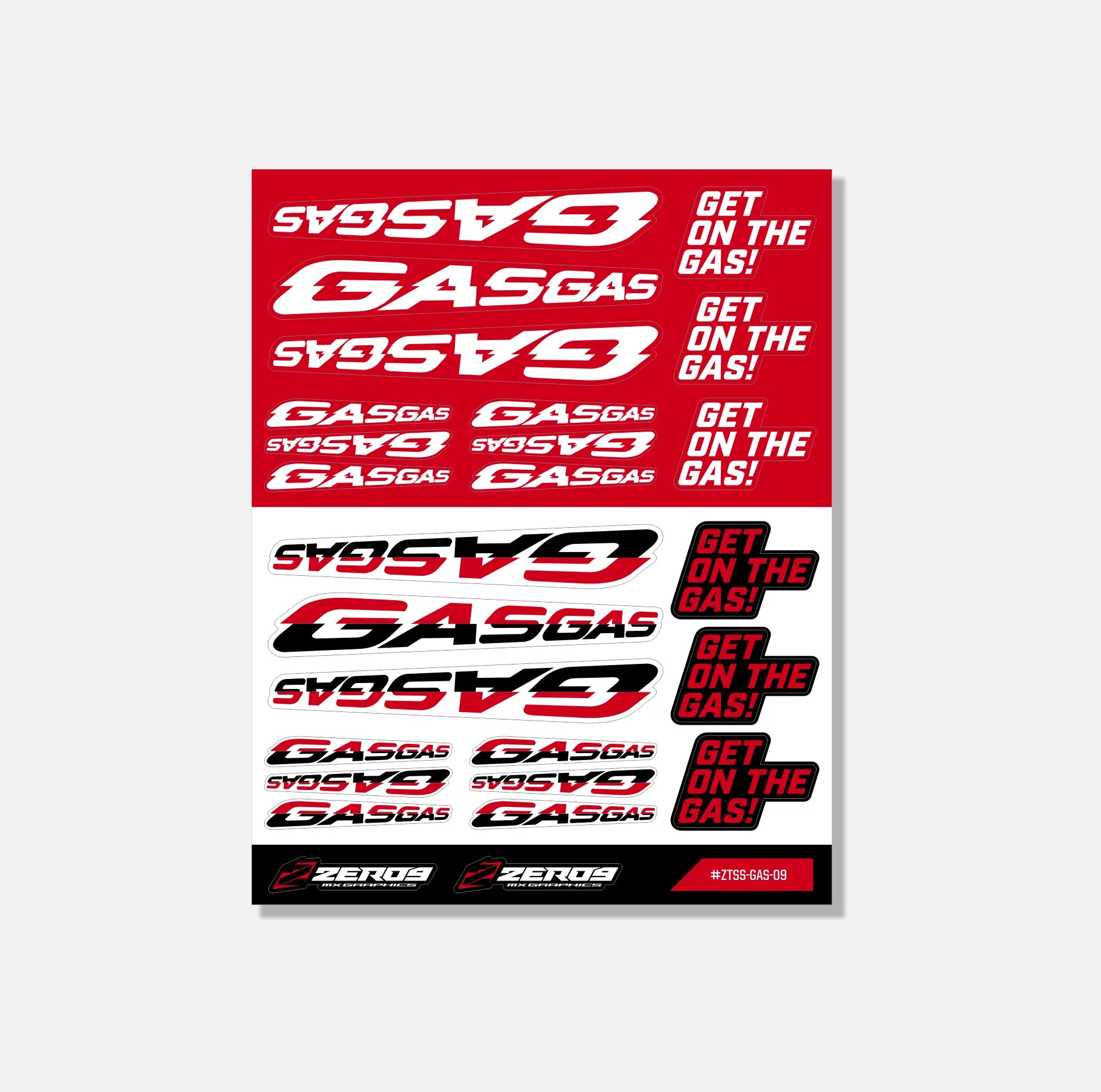 GASGAS sticker sheet featuring red, white, and black mx graphics with branding and slogan decals.