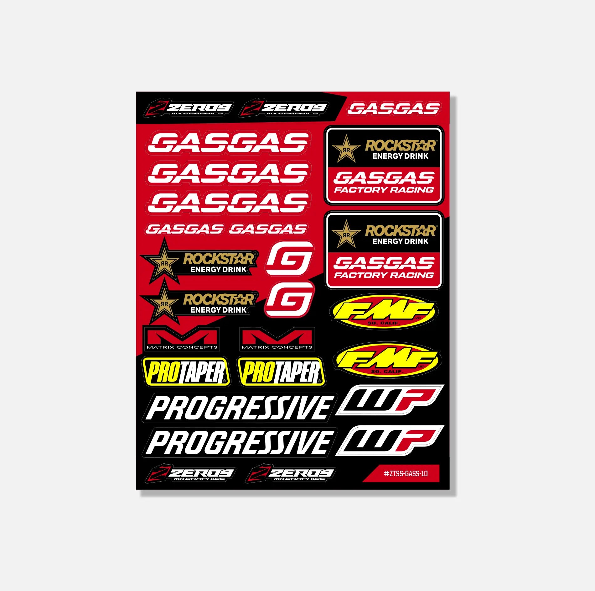 Sticker sheet featuring GASGAS logos and MX graphics including Rockstar, FMF, ProTaper, and WP branding designs