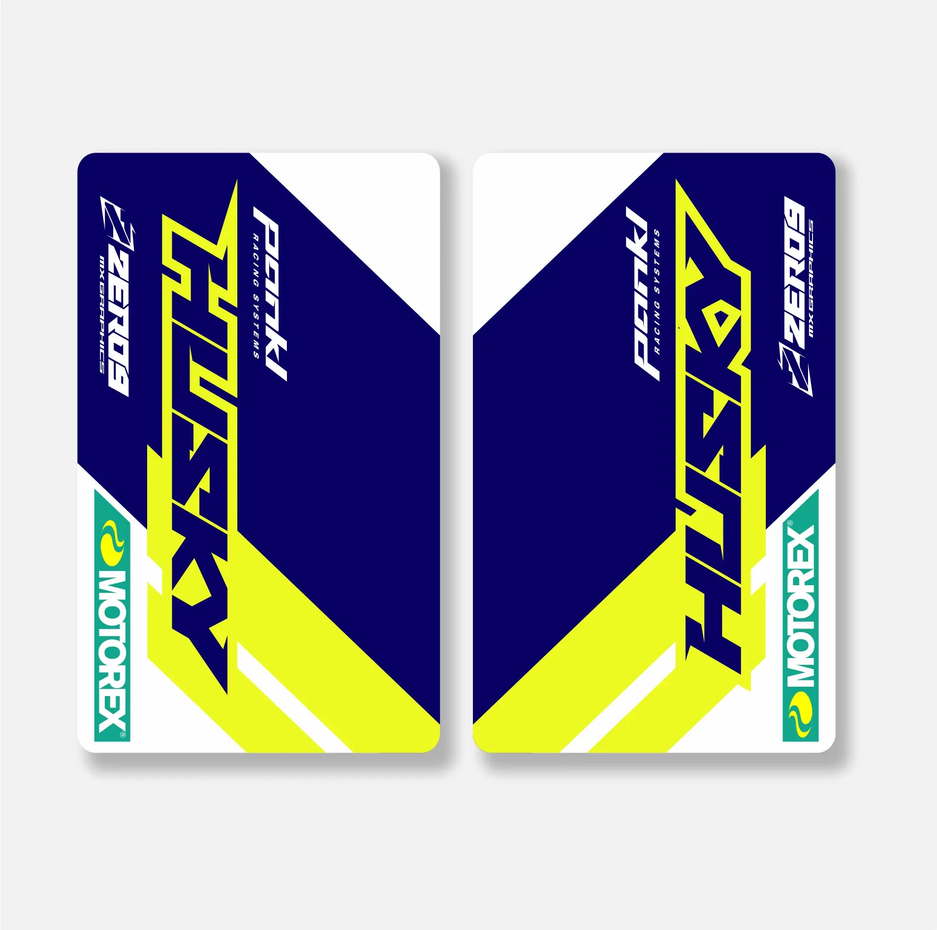 Two motorcycle decals with Husqvarna and Motorex branding on a white background