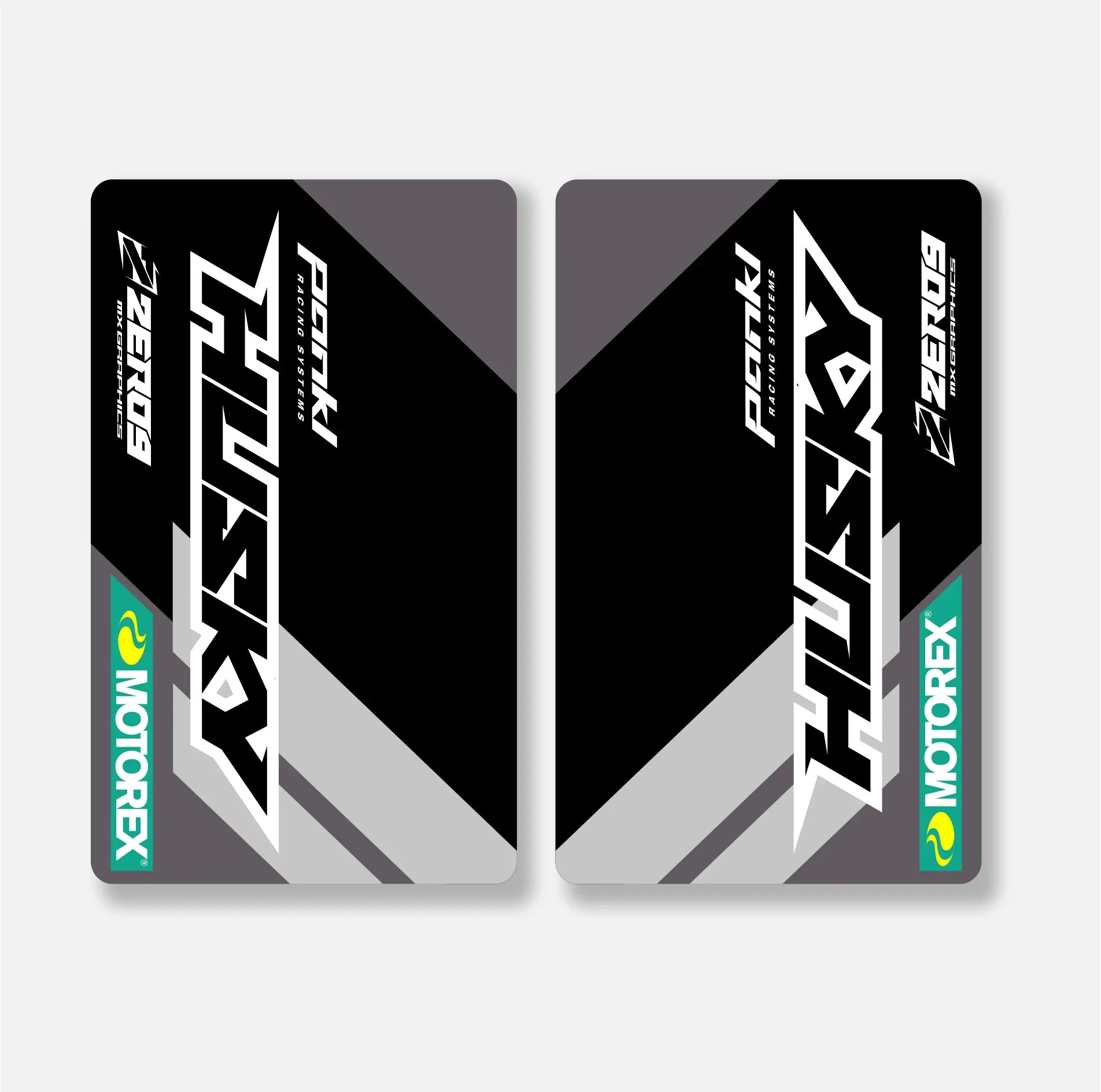 Two Husqvarna Motorex motorcycle decals on a gray background