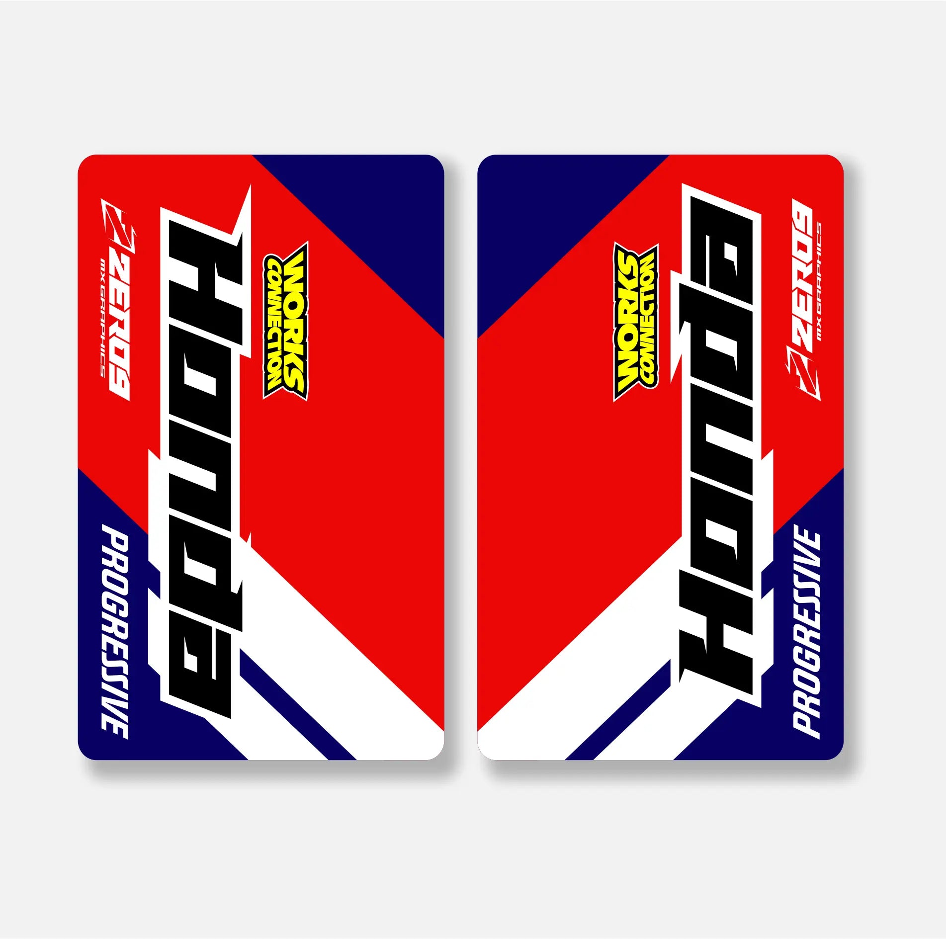 Two red and blue Honda progressive decal sheets on a white background