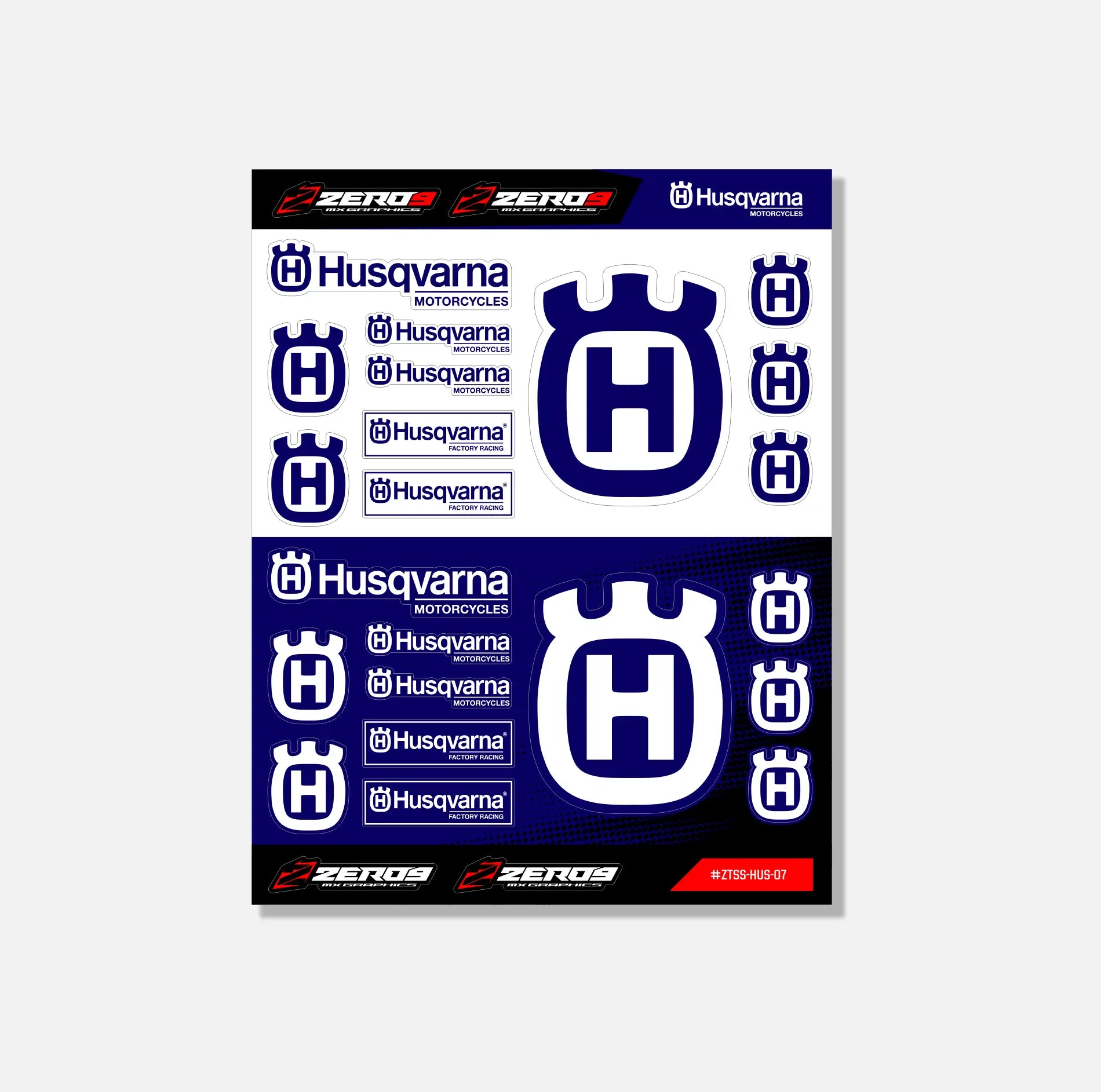 Husqvarna sticker sheet featuring various blue and white logos and mx graphics by ZERO9 MX GRAPHICS