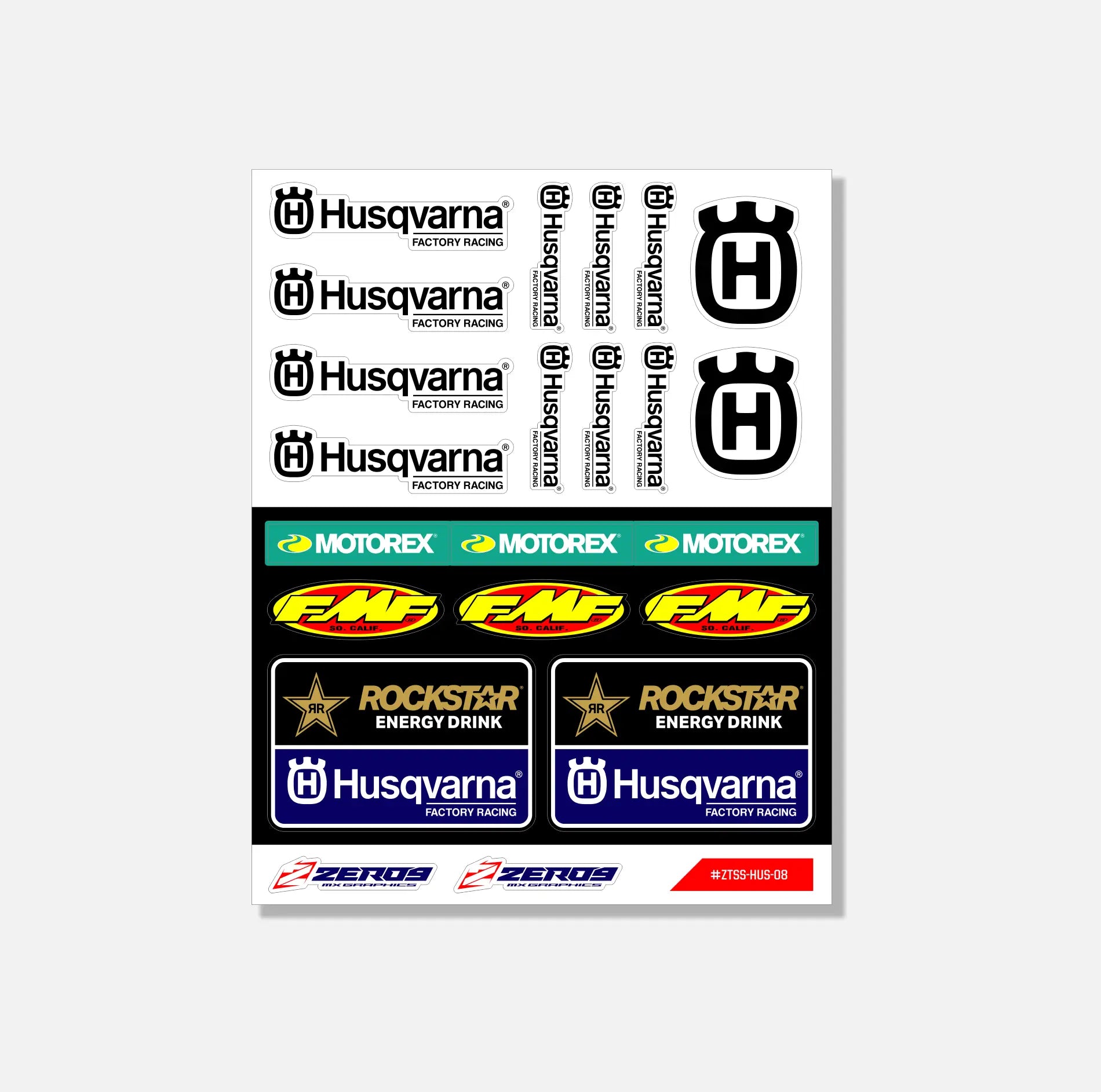 Husqvarna sticker sheet featuring MX graphics logos including Husqvarna, Motorex, FMF, Rockstar, and Zeros brands