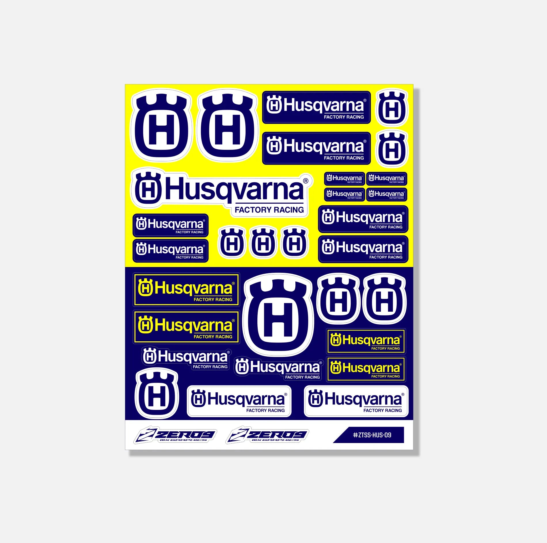 Husqvarna sticker sheet featuring various logo designs in blue, yellow, and white for MX graphics use