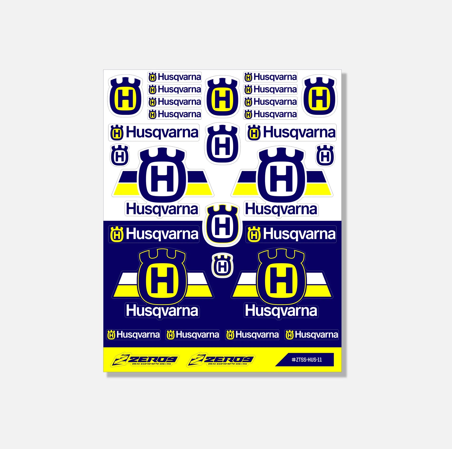 Husqvarna sticker sheet featuring multiple logo designs in blue, yellow, and white for mx graphics branding.