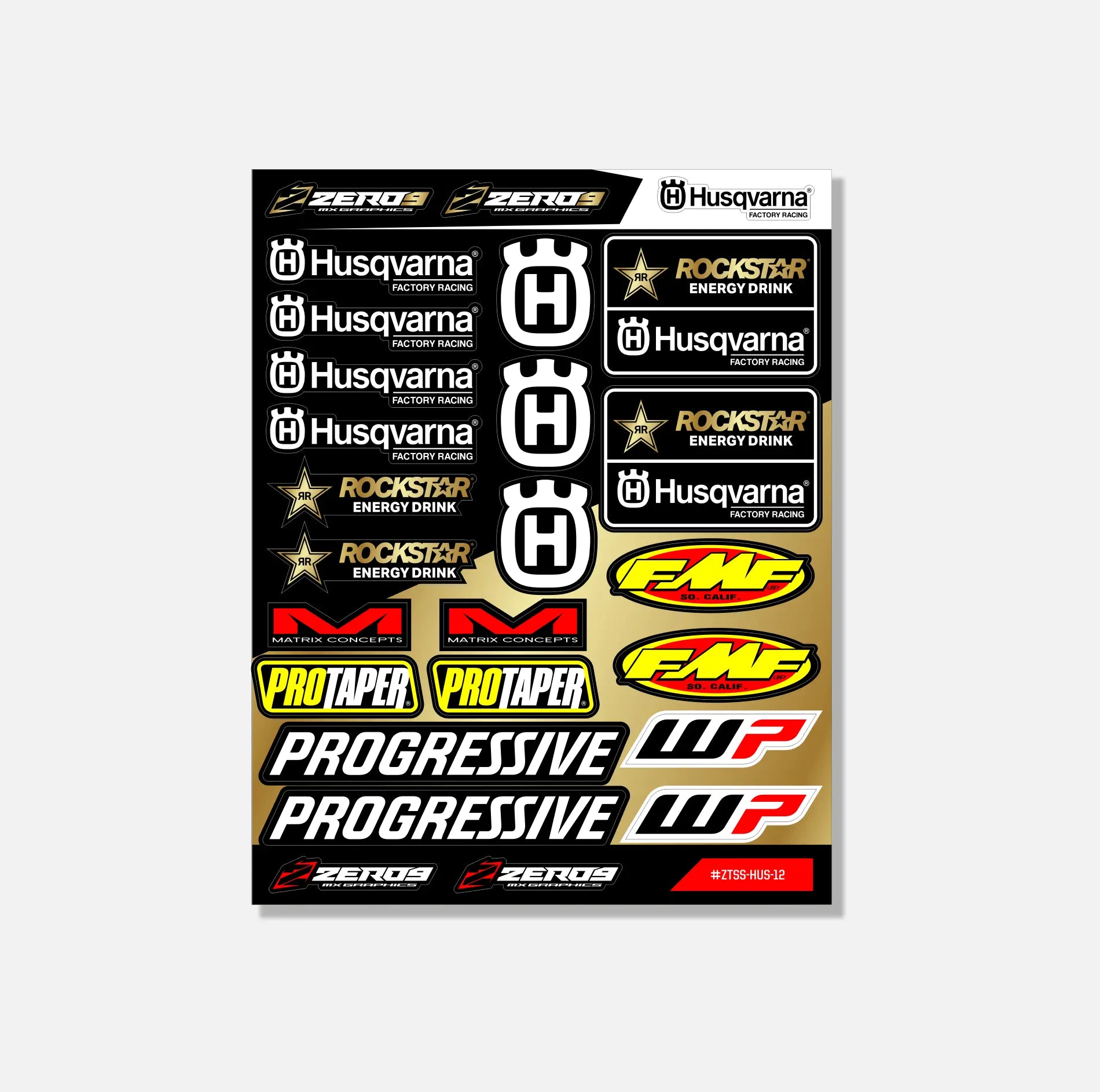 Husqvarna sticker sheet featuring logos including Rockstar, FMF, ProTaper, and WP in black, yellow, and red colors