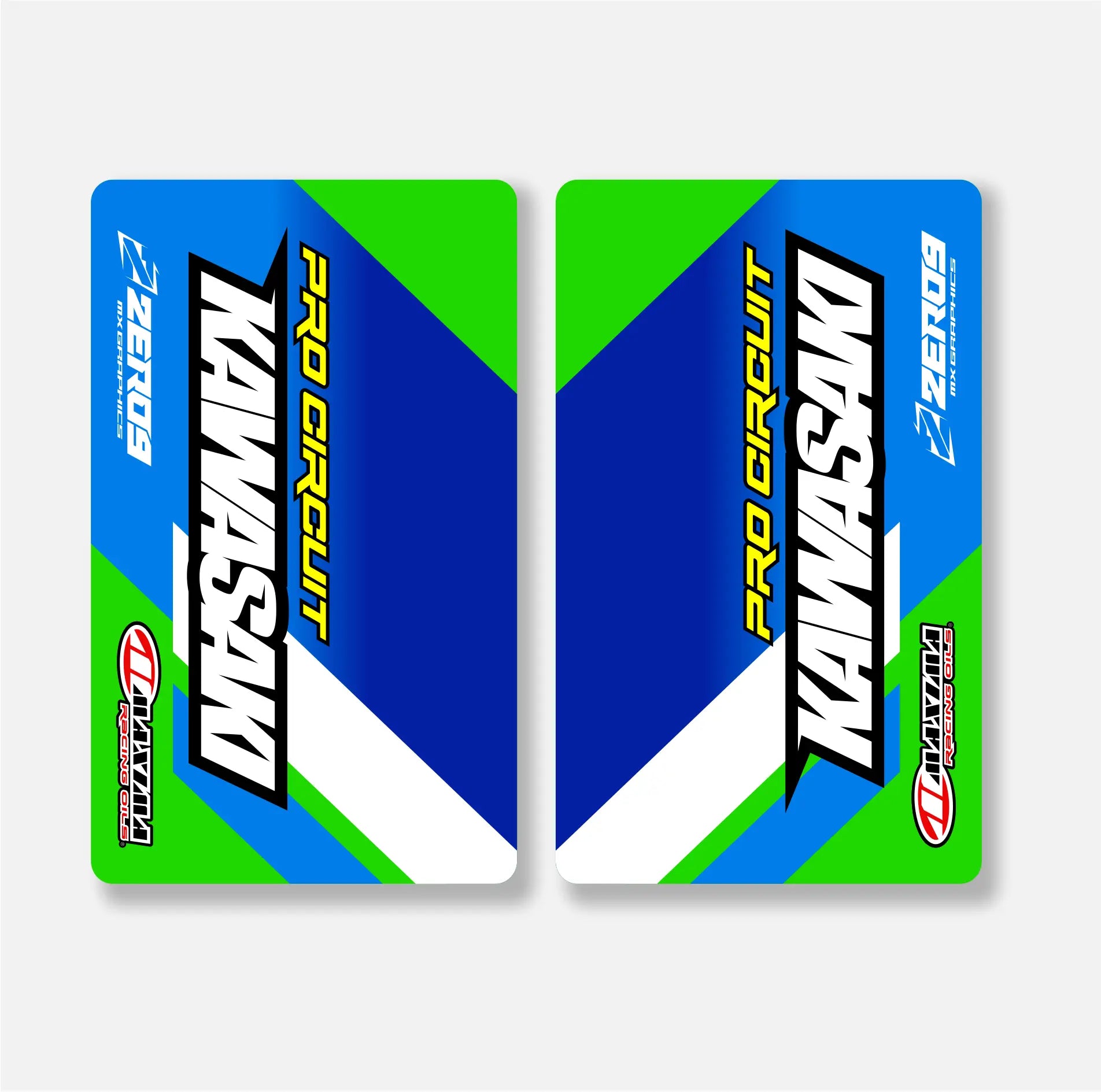 Two Kawasaki Pro Circuit fork decals with green, blue, and white design on a gray background