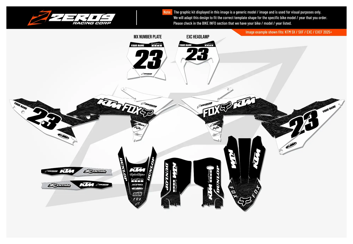 KTM graphics kit – Mist White/Black – factory design – flat lay – #23 – motocross.