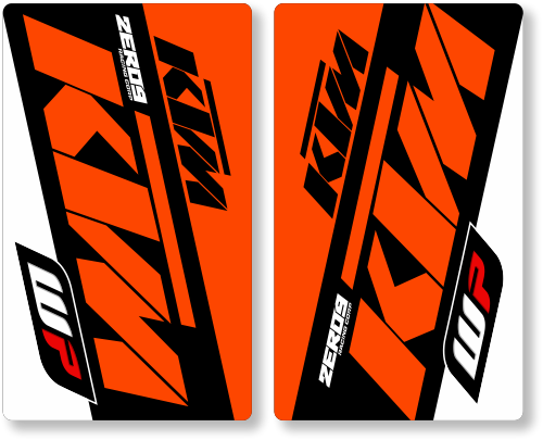 Two KTM motorcycle decals with orange and black design on a white background