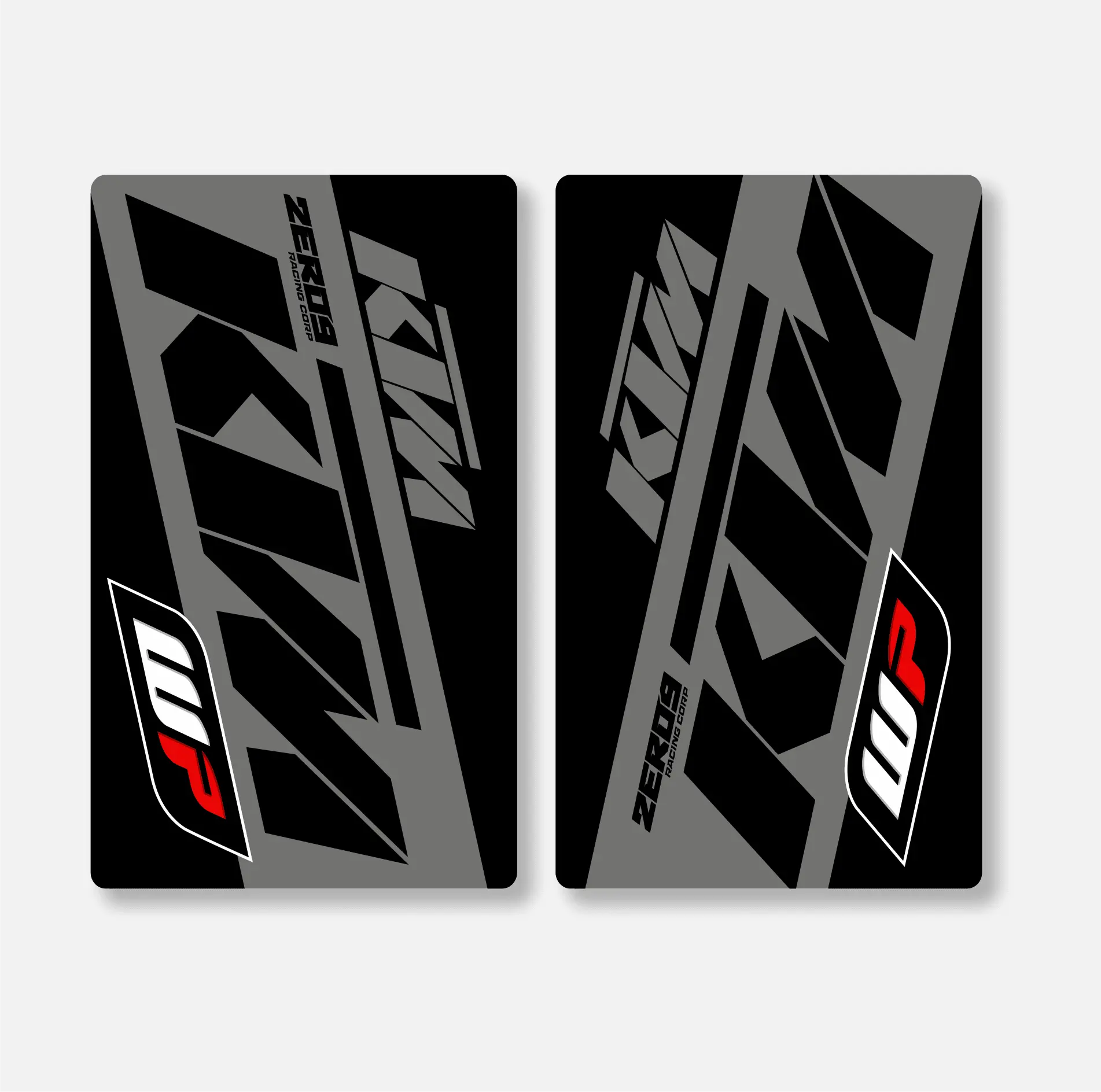 A set of orange, black, and white KTM fork decals designed for motorcycle forks, featuring bold lettering and a sporty design.