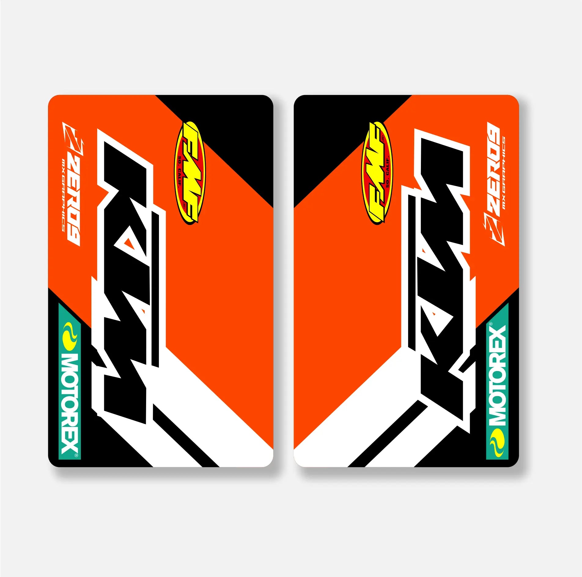Two KTM branded fork decals with Motorex logo on a white background