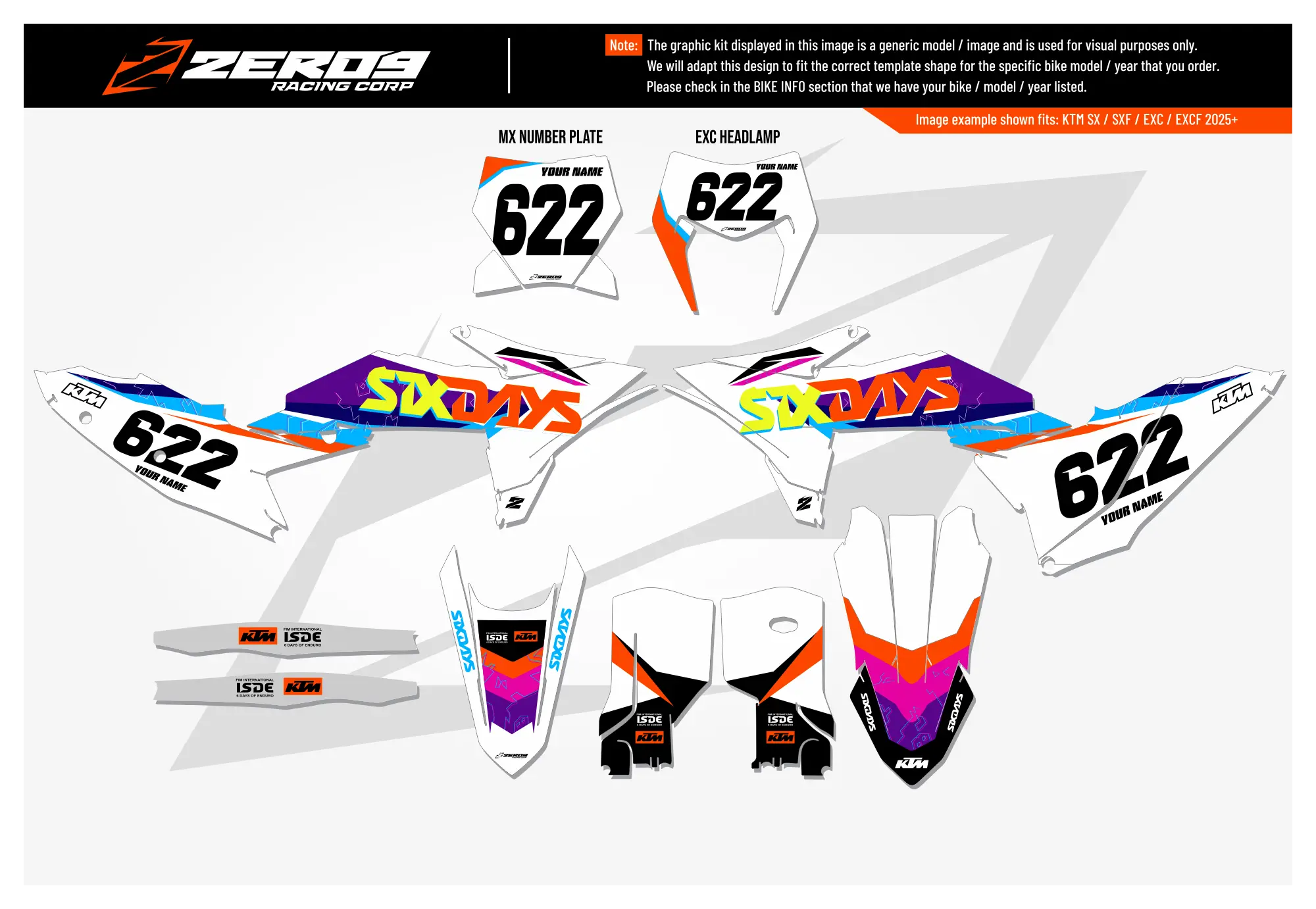 KTM graphics kit – 6Days 22 White – factory design – motocross – #622 – flat lay.