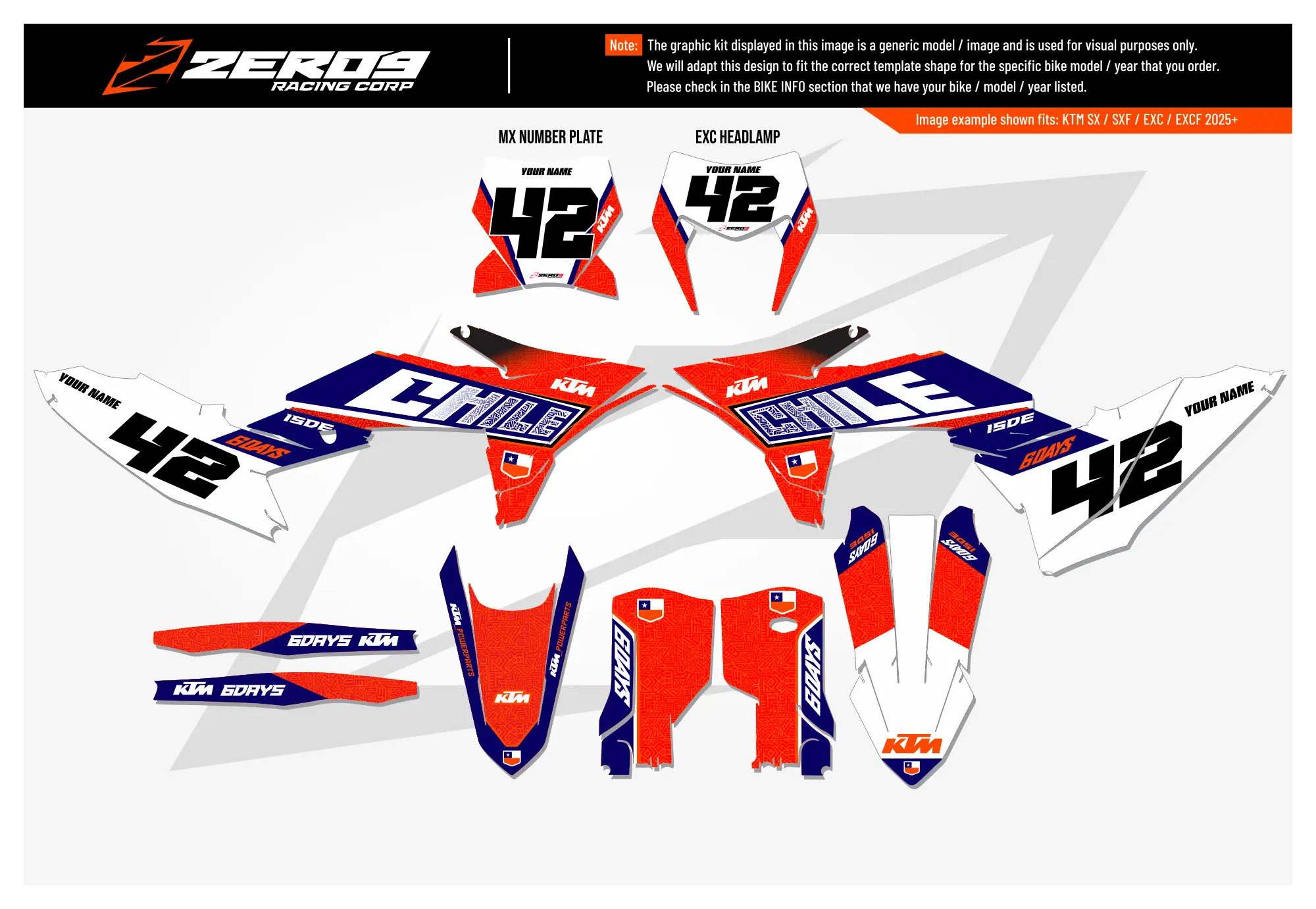 KTM graphics kit – 6Days Chile Orange/Blue – flat lay – #42 – motocross.