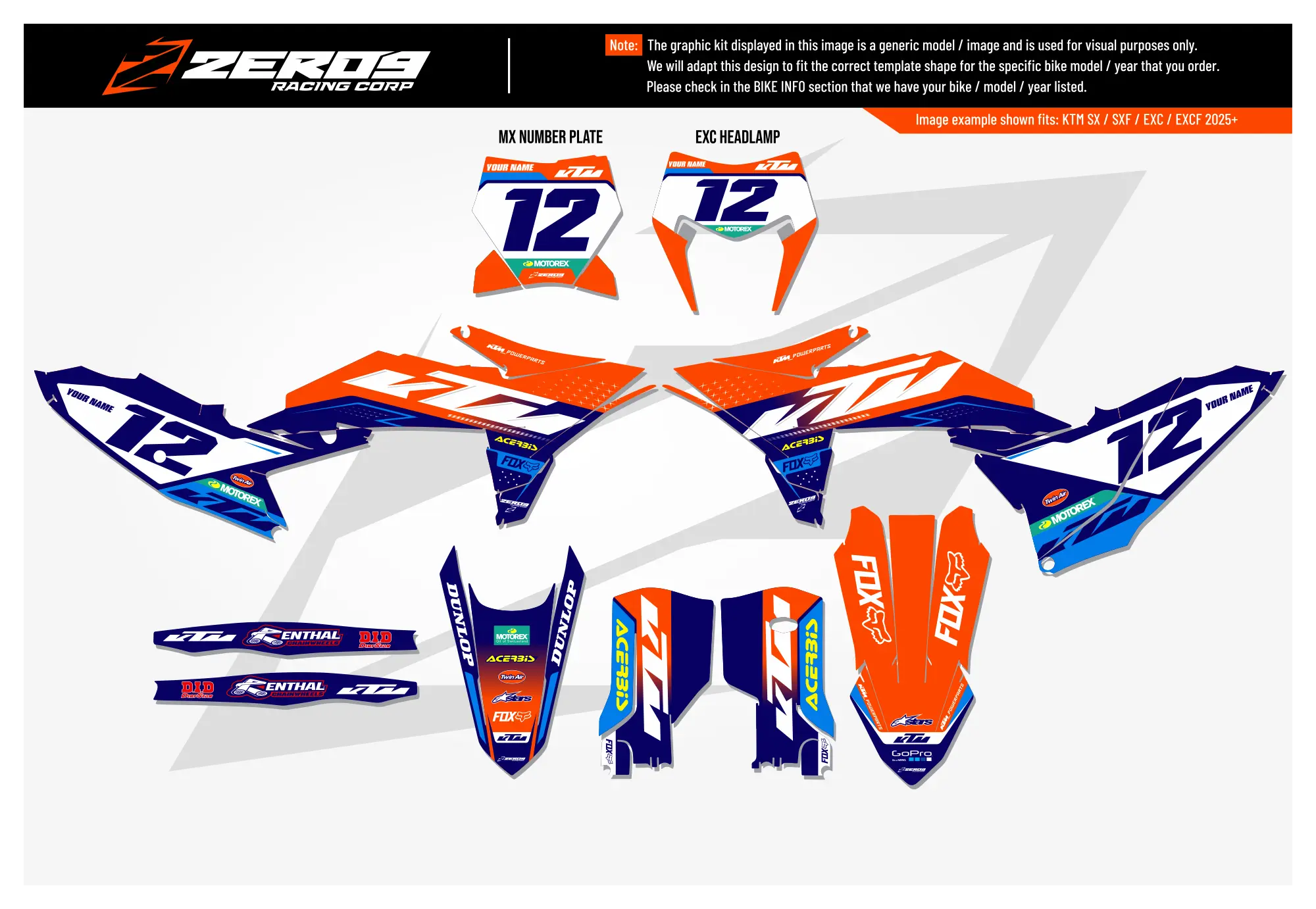 KTM graphics kit – Axis Orange/Blue – factory design – motocross – flat lay – #12.