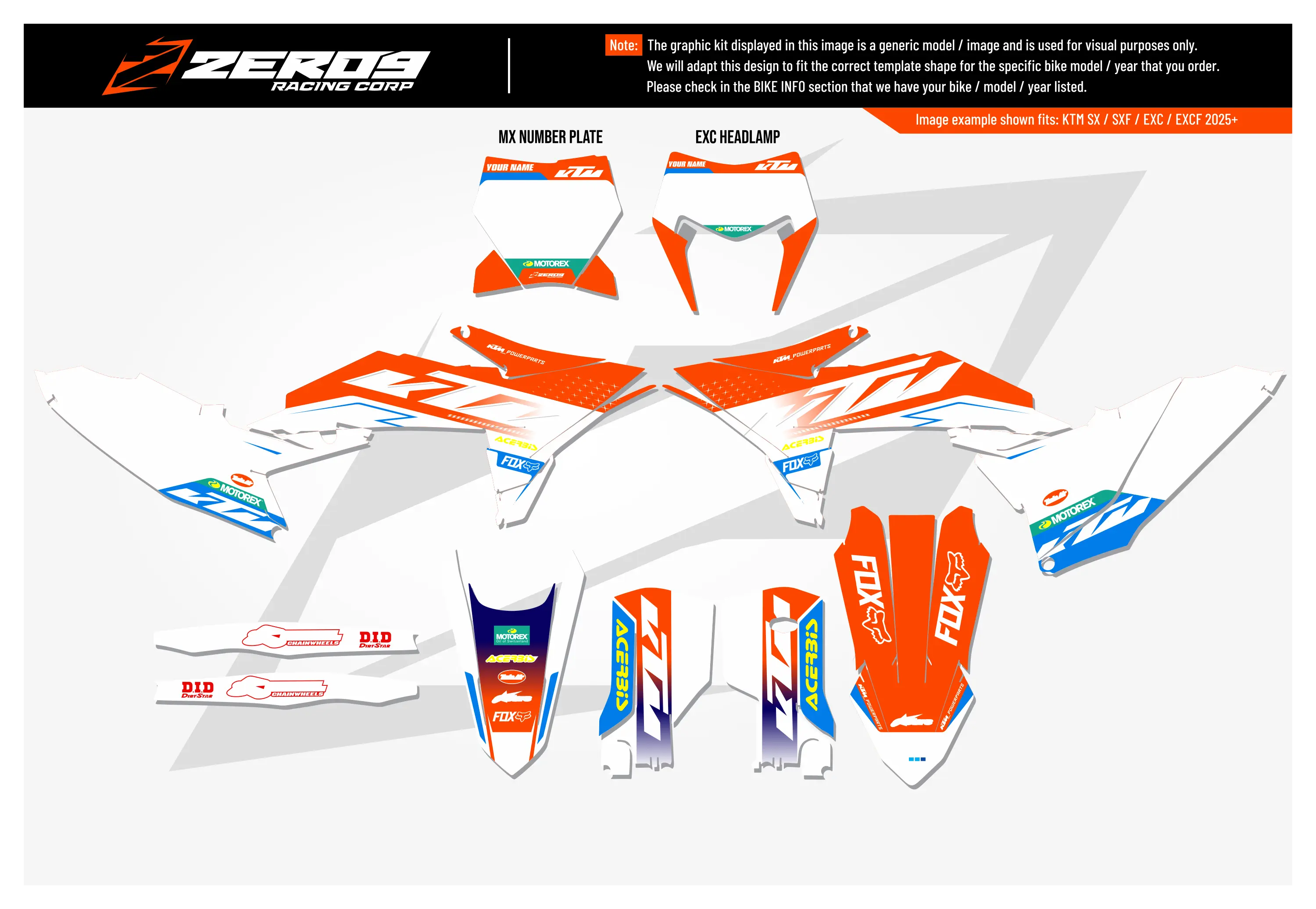 KTM graphics kit – Axis Orange/White – block design – motocross – flat lay – #88.
