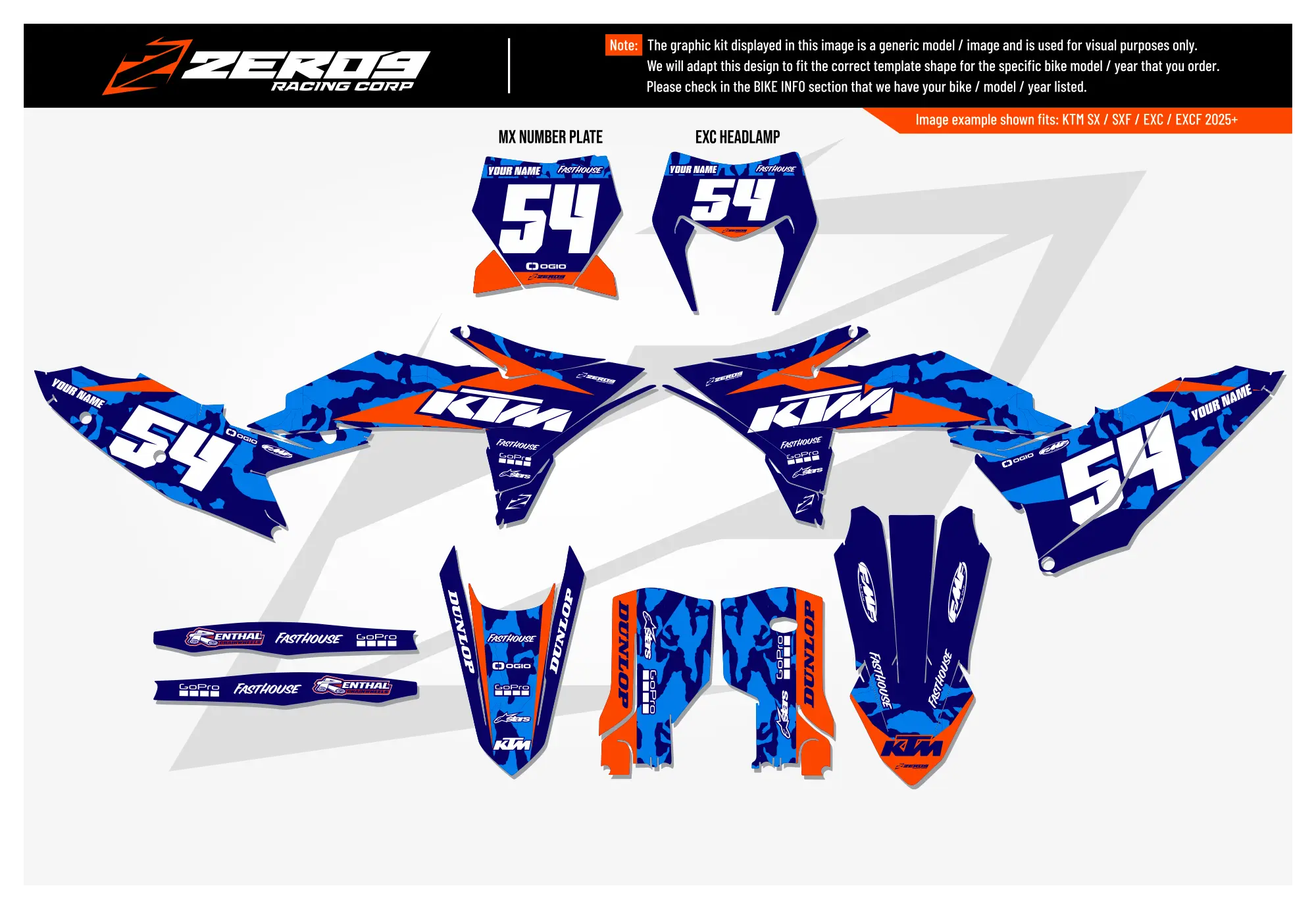 KTM graphics kit – camo blue/orange – camo design – motocross – flat lay – #54.