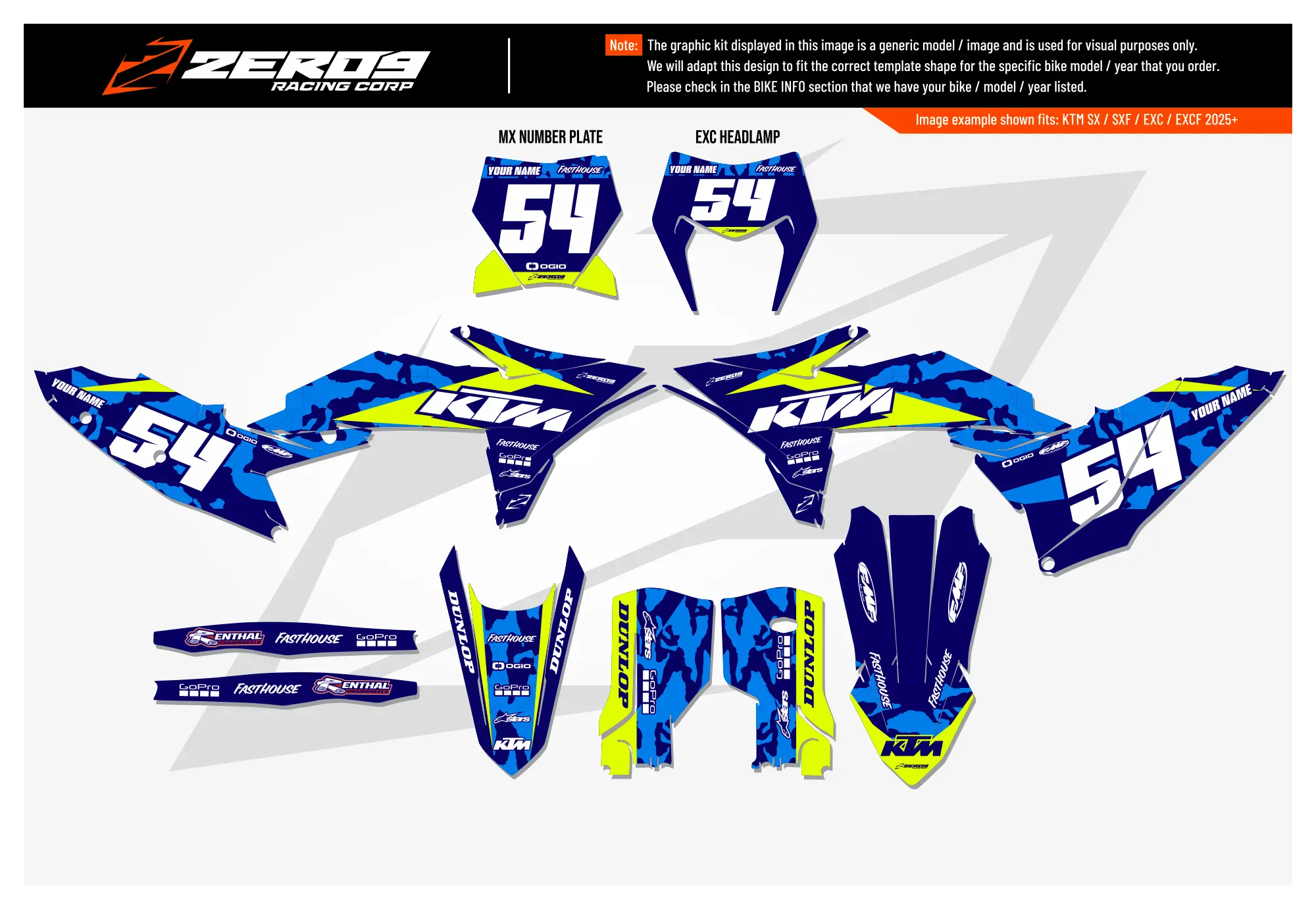 KTM graphics kit – Camo Blue/Vivid Yellow – camo design – motocross – #54.