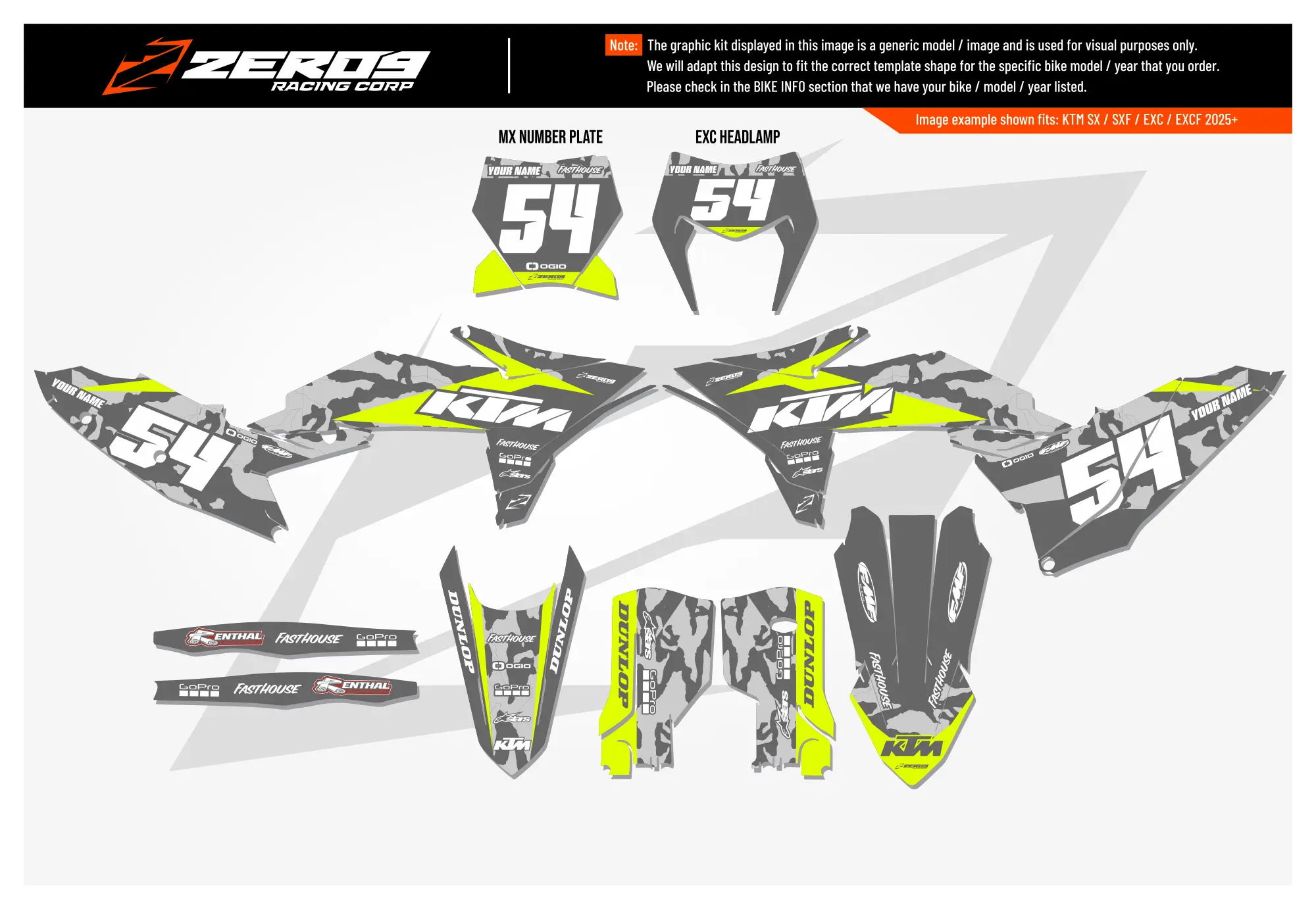 KTM graphics kit – Camo Grey/Vivid Yellow – camo design – motocross .