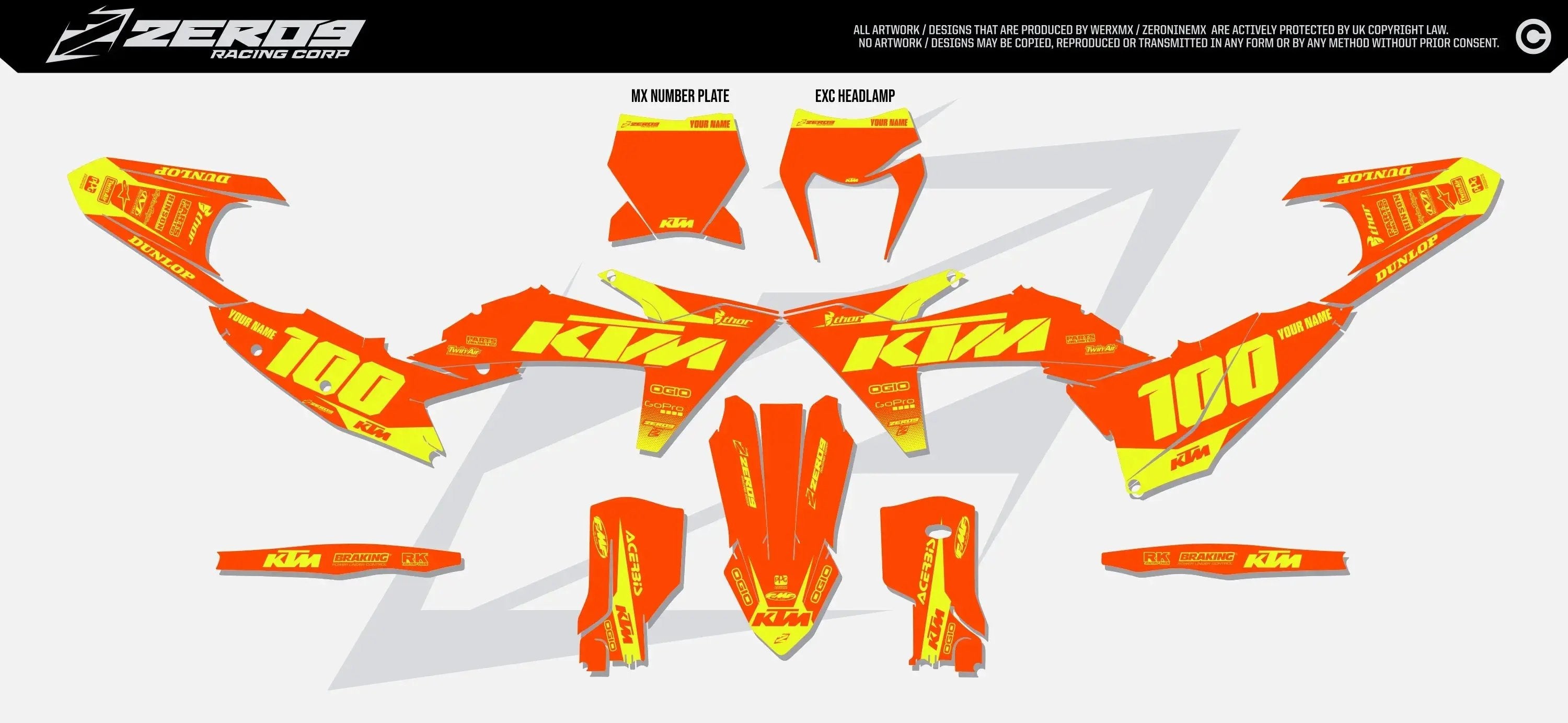 Side view of a KTM graphics kit displayed in orange and vivid yellow with the number 100