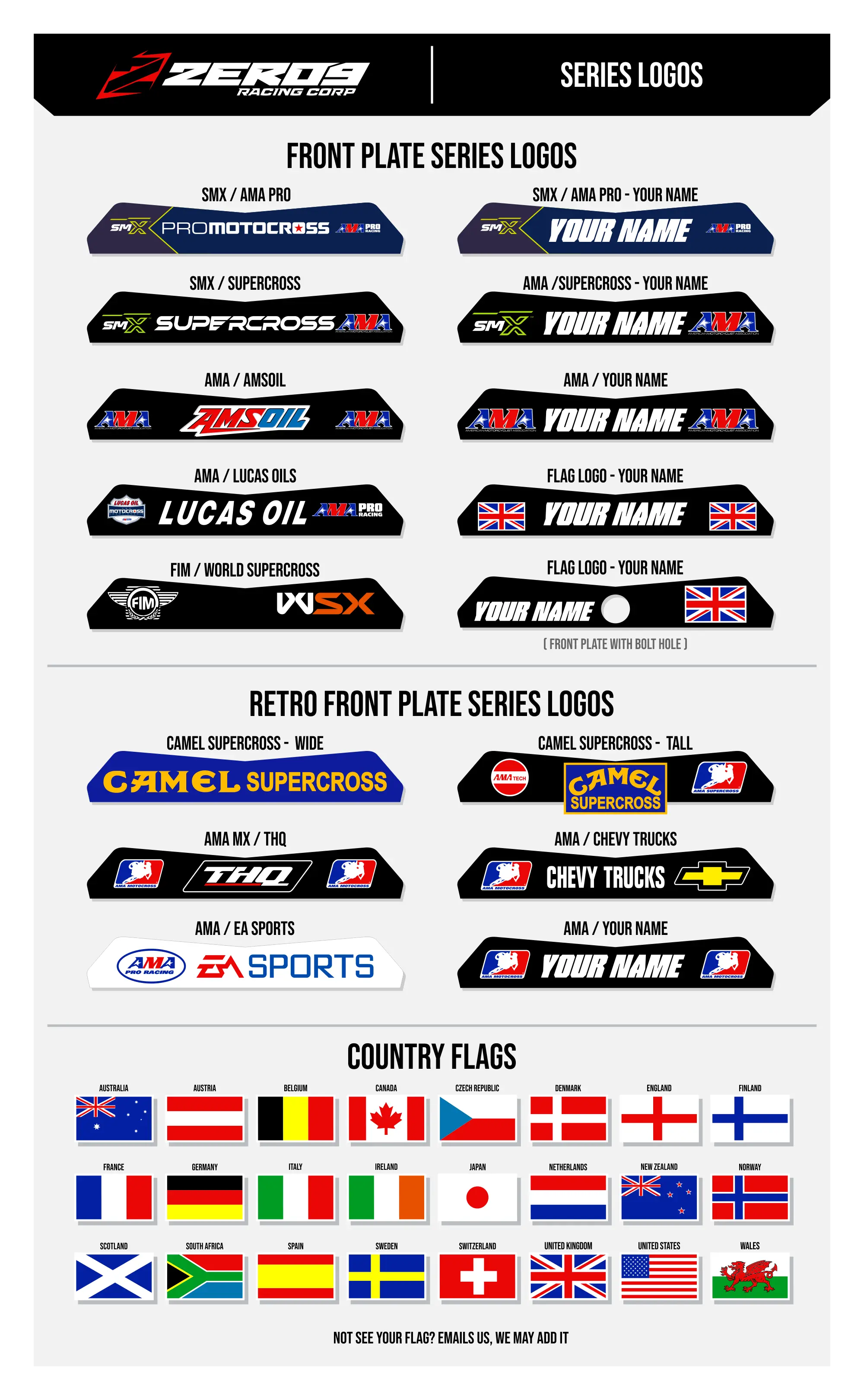 Collection of front plate series logos and country flags on a white background.