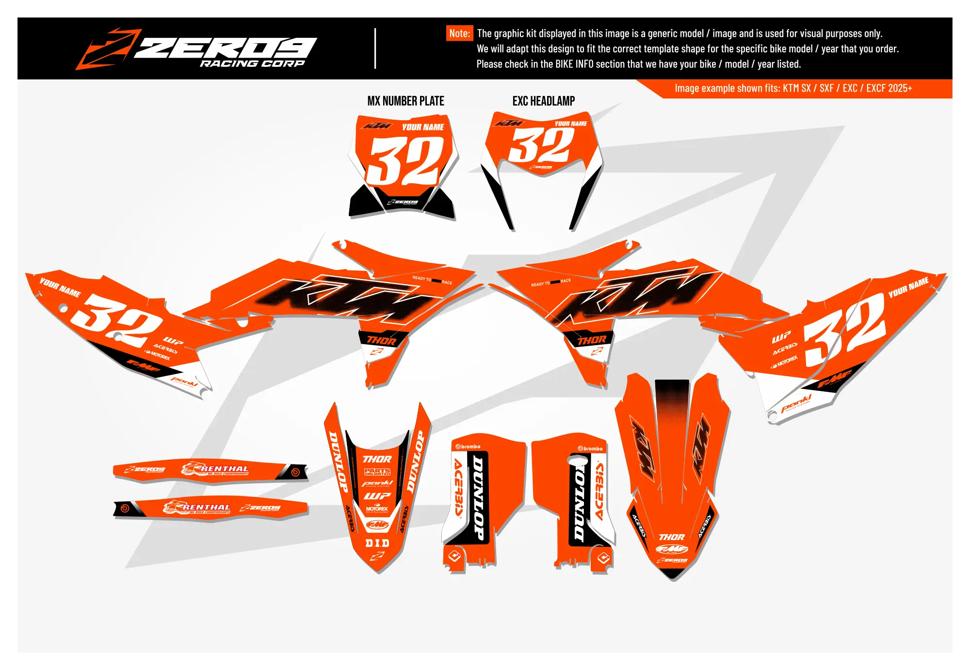 KTM graphics kit – Core Orange/Black – factory design – SX motocross.