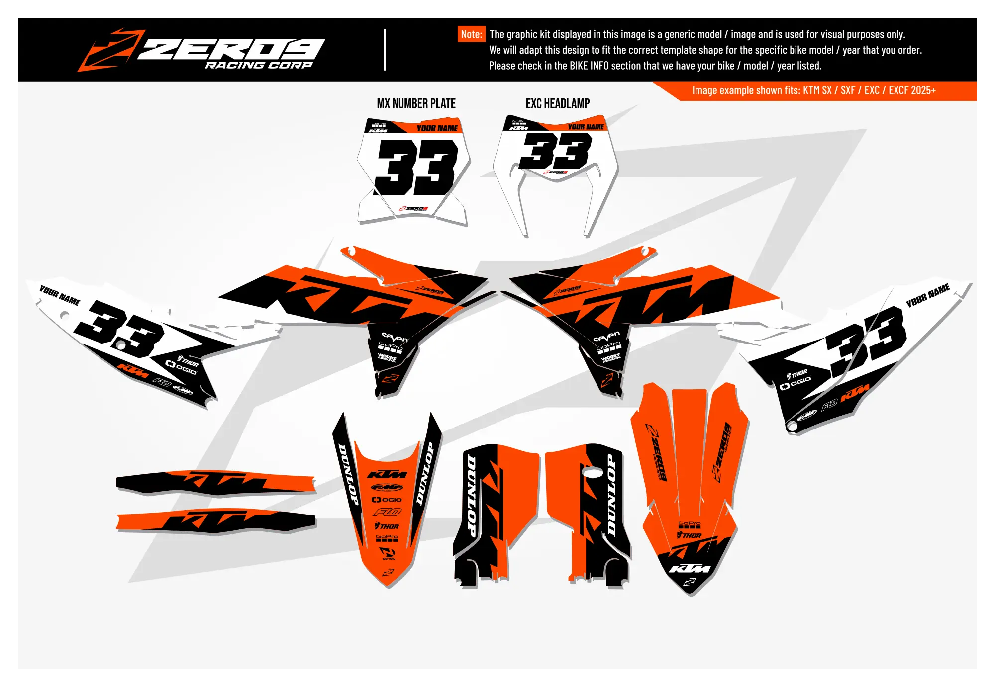 KTM graphics kit – Cruise Orange/Black – block design – motocross – flat lay – #33.