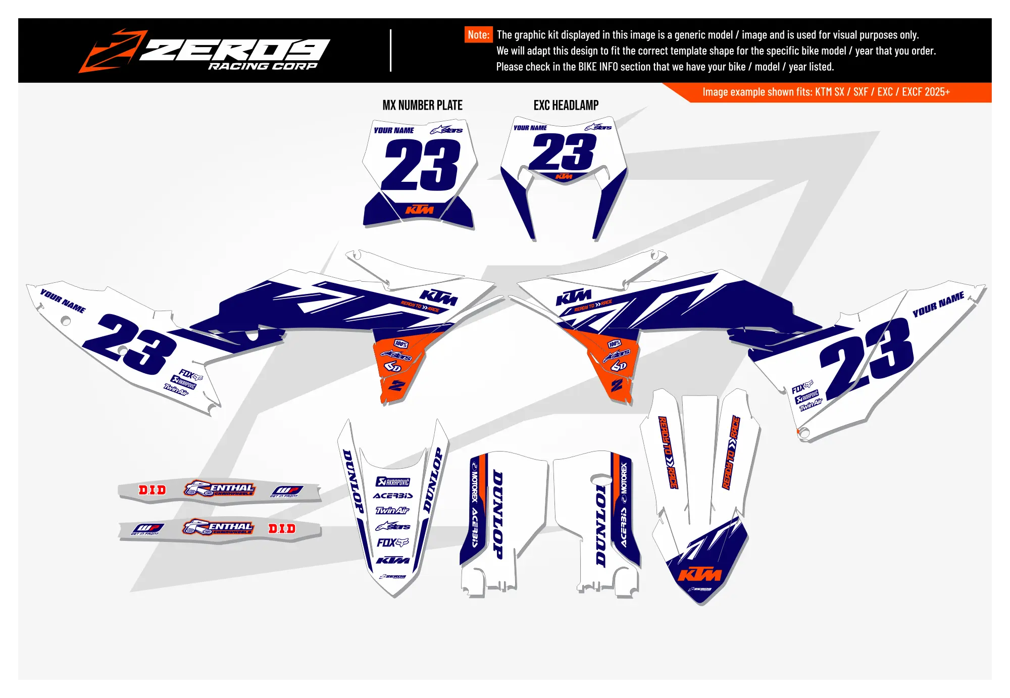 KTM graphics kit – Edge White/Blue – block design – motocross – #23 – SX motocross.