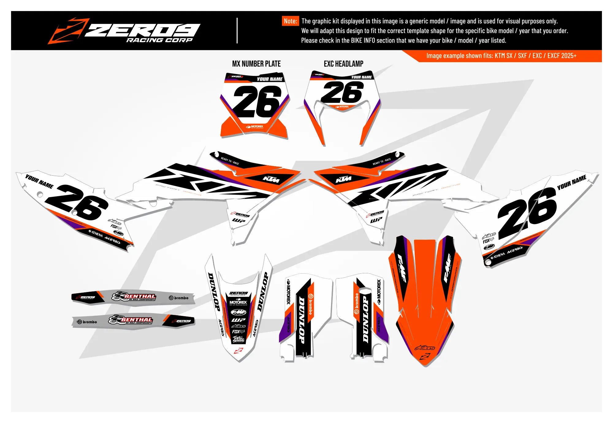 KTM graphics kit – Envy Orange/White/Purple – block design – motocross – #26 – flat lay.