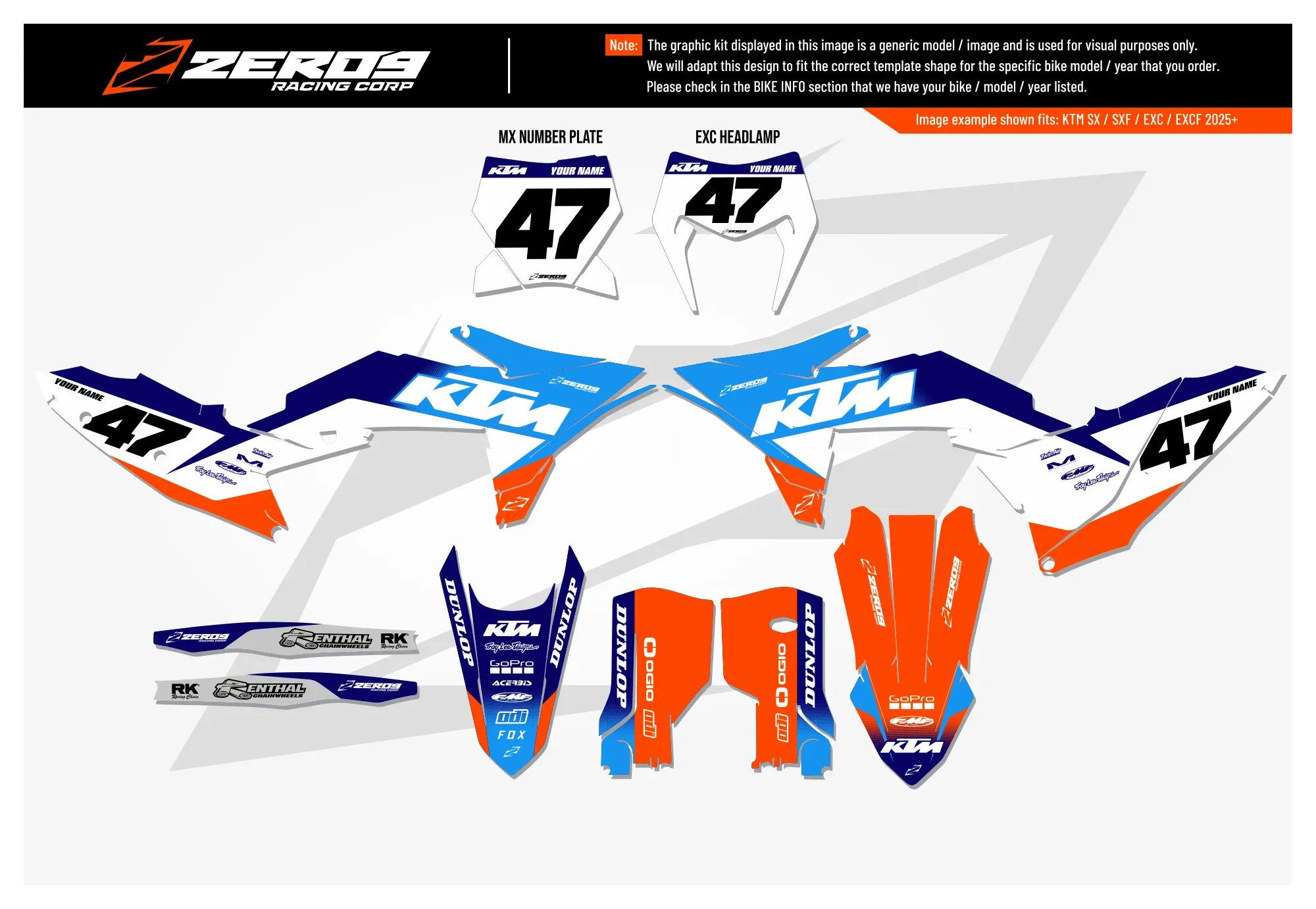 KTM graphics kit – Fade Orange/Blue – flat lay – #47 – SX motocross.