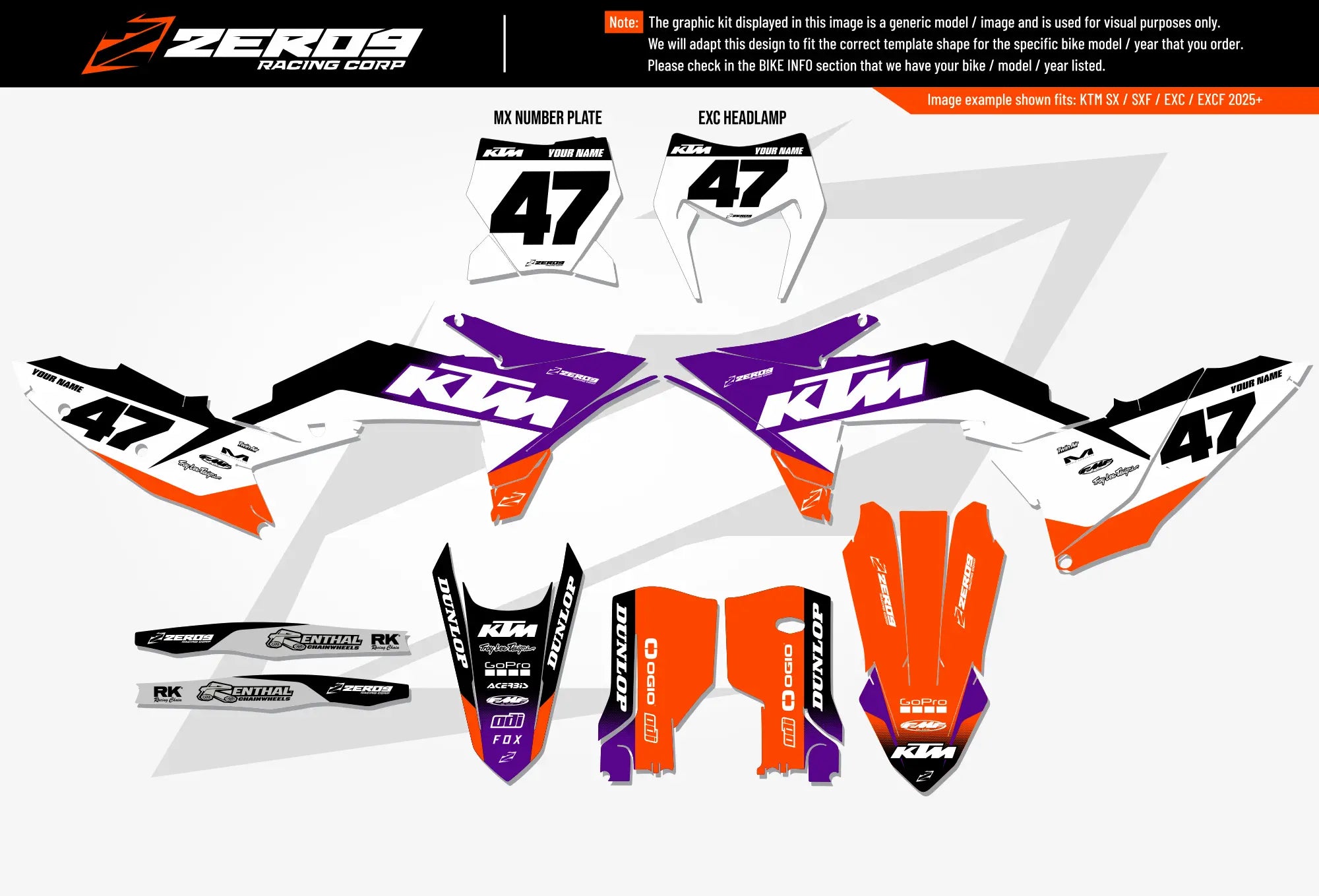 KTM graphics kit – Fade Orange/Purple – flat lay – #47 – SX motocross.
