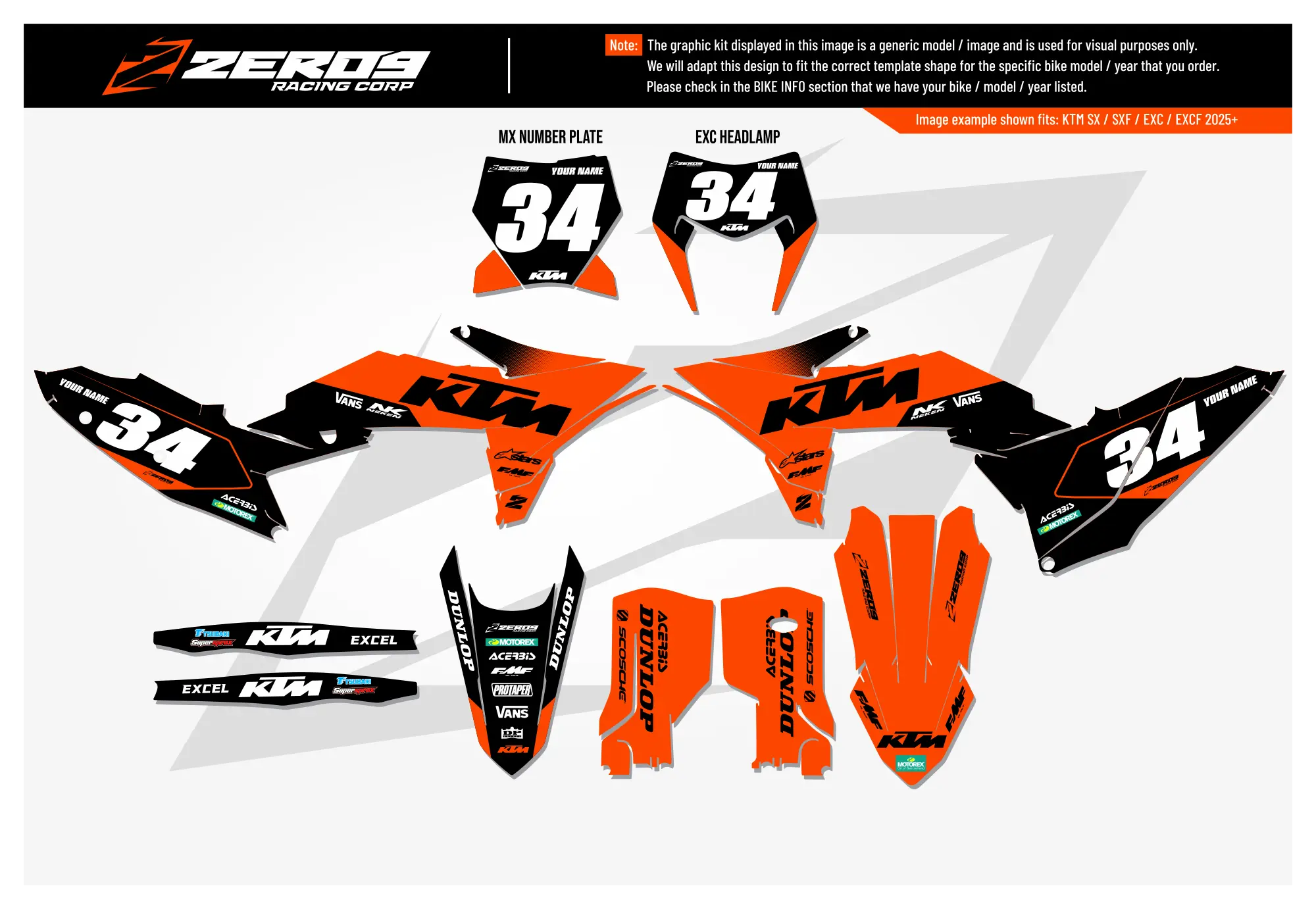 KTM motocross graphics kit Flex Orange/Black design with KTM logo and number 34 decals for motocross models.