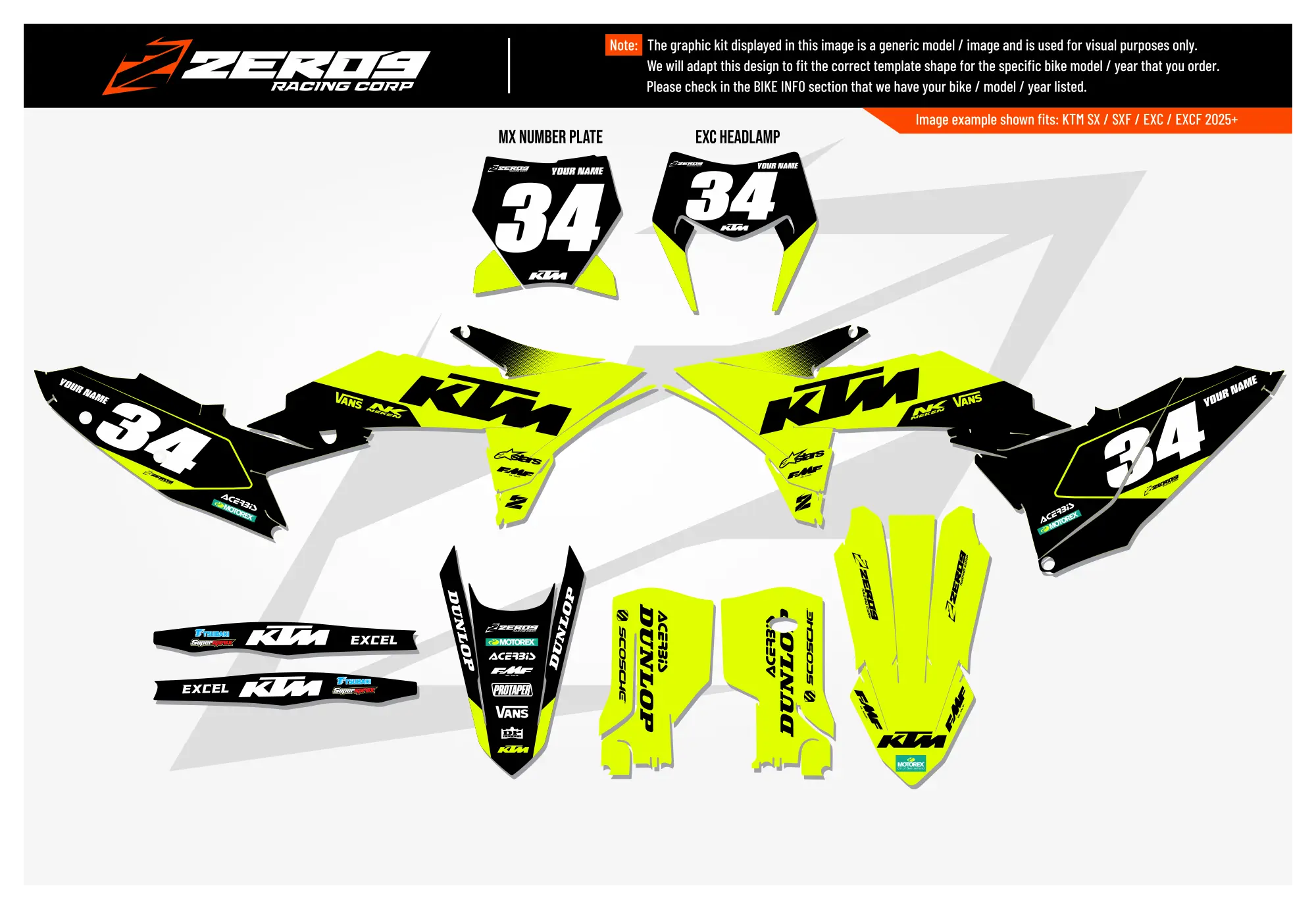KTM motocross graphics kit – Flex Vivid Yellow/Black design for KTM SX model, includes number plate and fender decals.