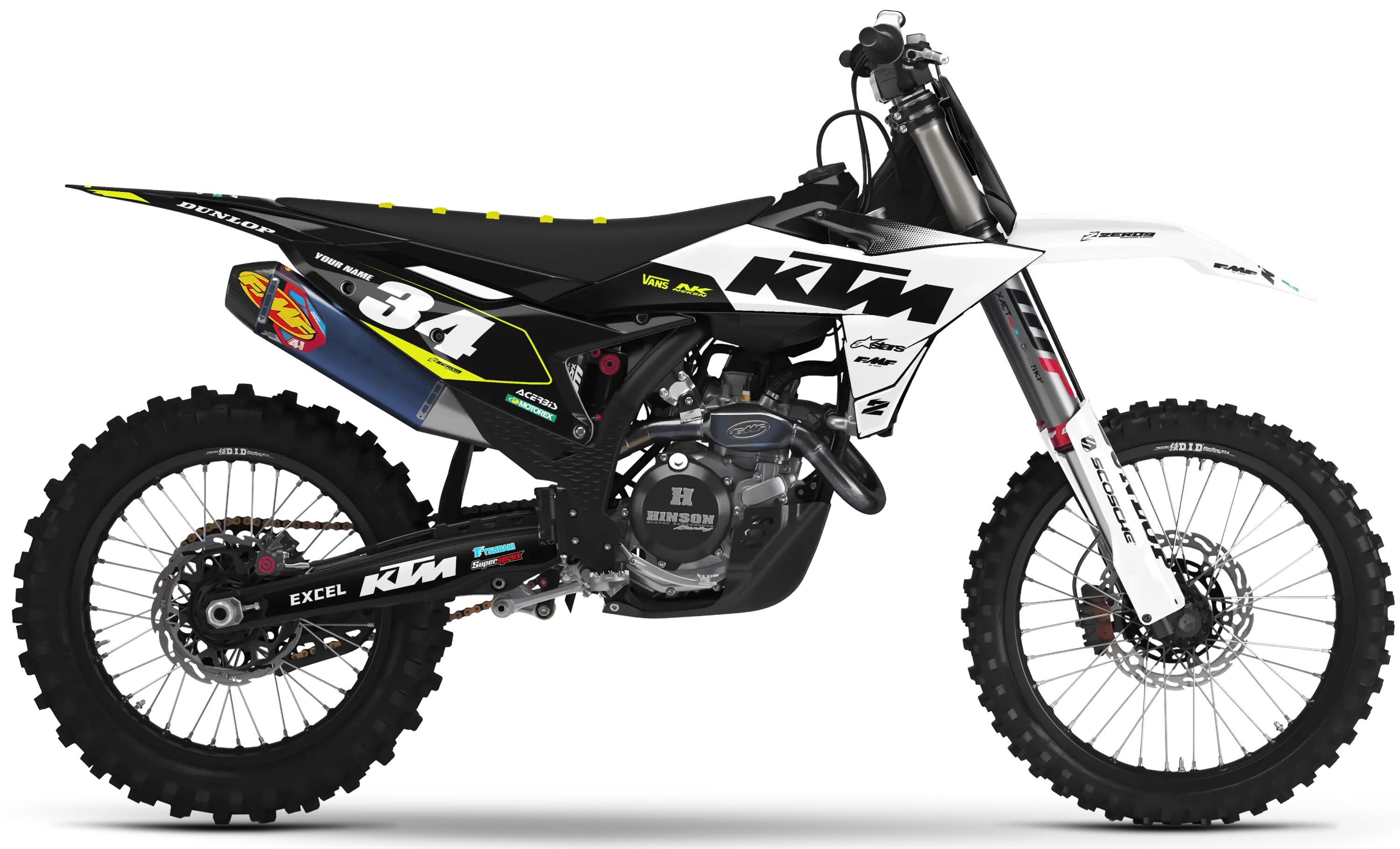 KTM motocross graphics kit Flex White/Black on black and white KTM dirt bike, number 34 decals visible.