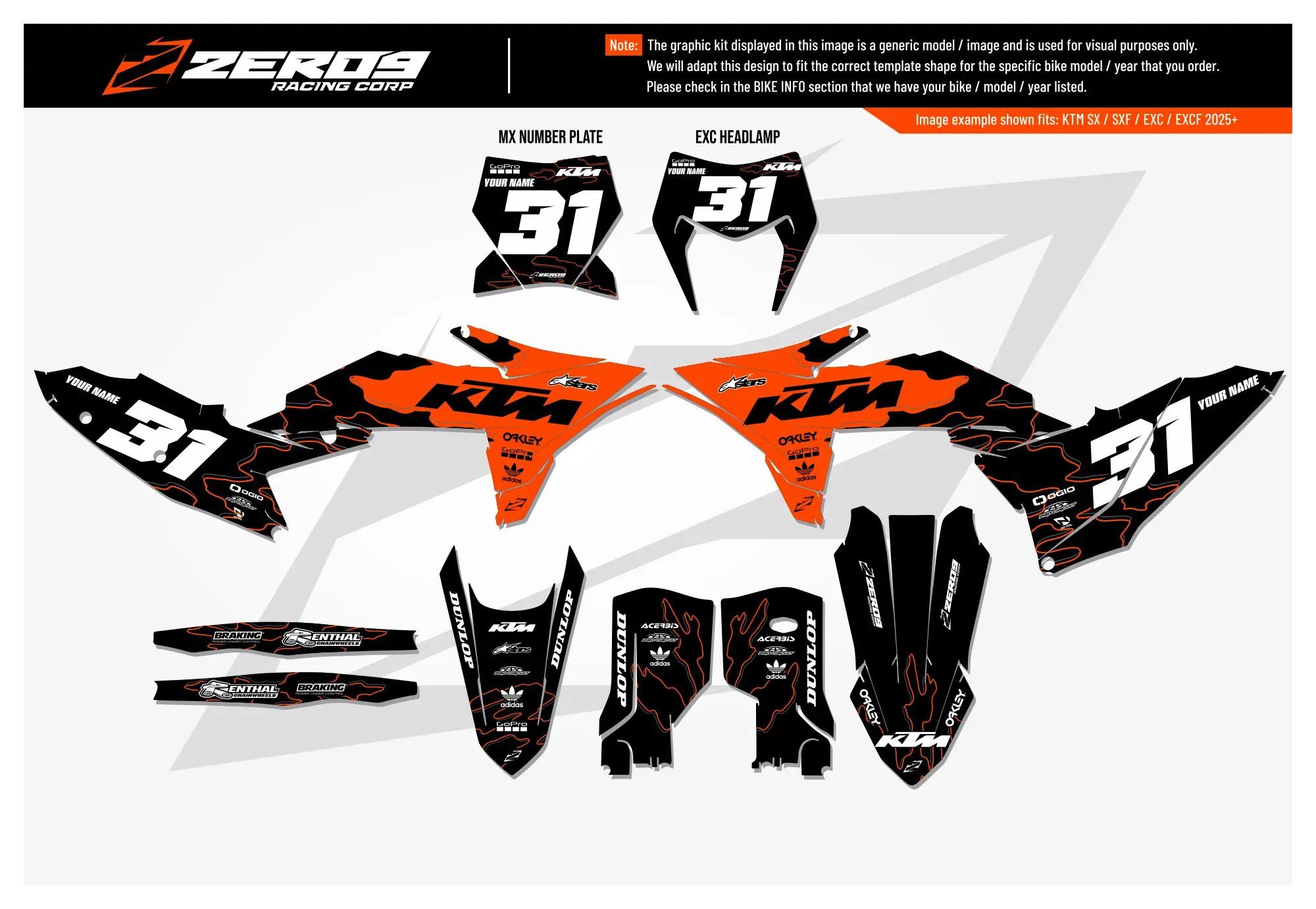 KTM motocross graphics kit Geo Orange/Black design with number 31 plates and KTM logo decals.