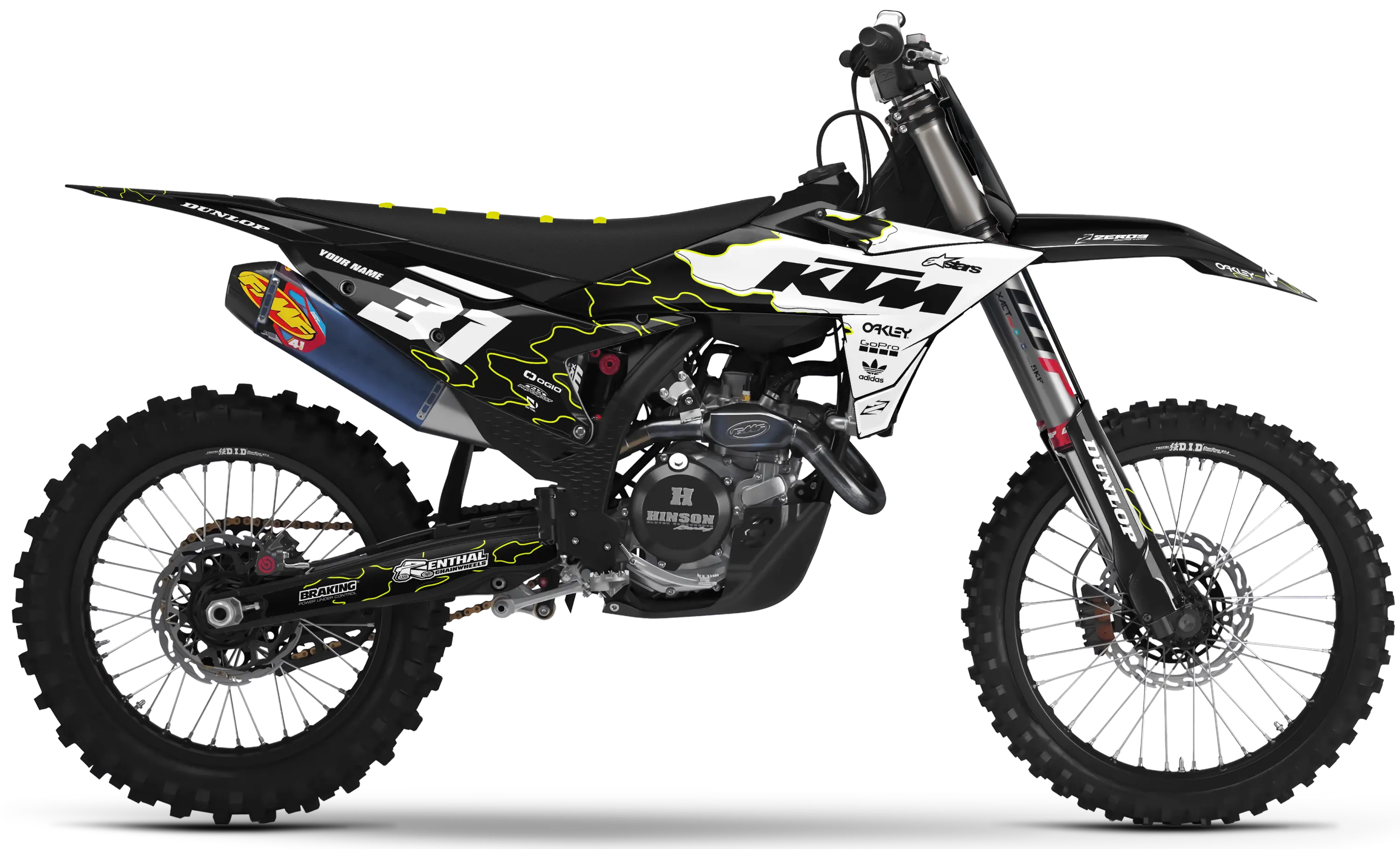KTM motocross graphics kit Geo White/Black on black KTM dirt bike with number 31 decals and sponsor logos.