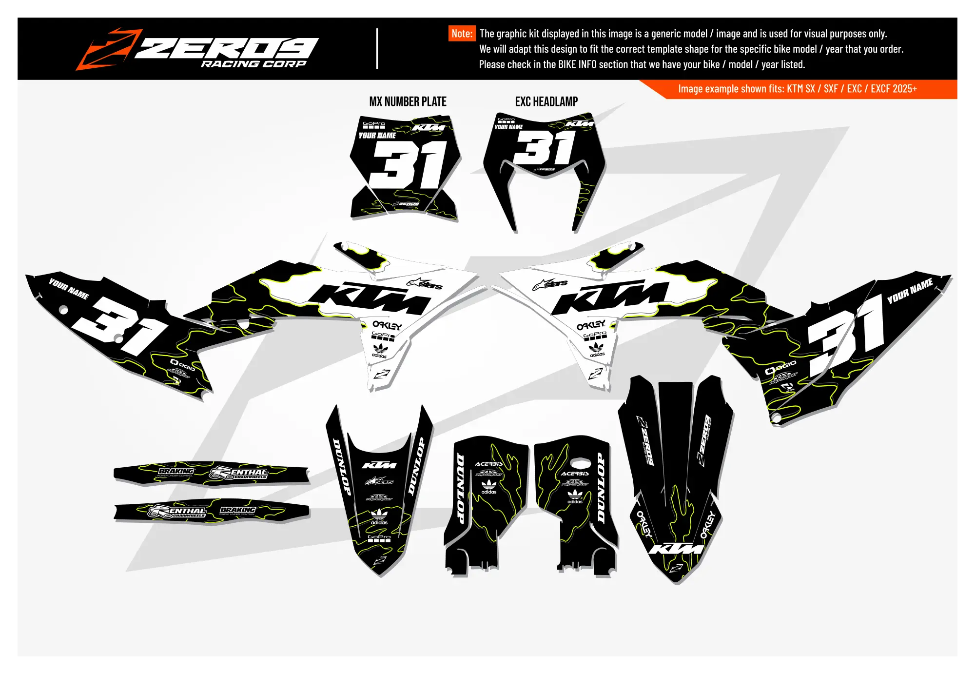 KTM motocross graphics kit Geo White/Black design with number 31 plates for KTM SX models.