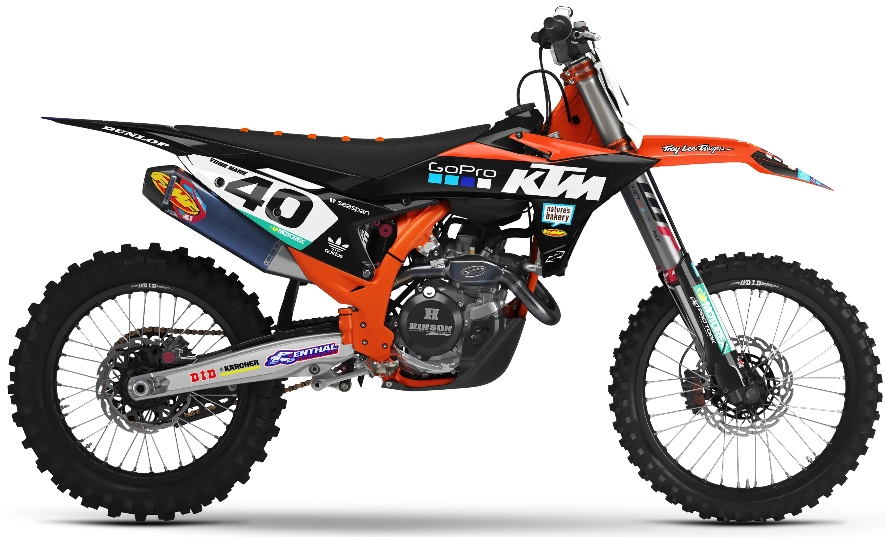 KTM motocross graphics kit GoPro Black design on KTM SX model with black, orange, and white mx decals.