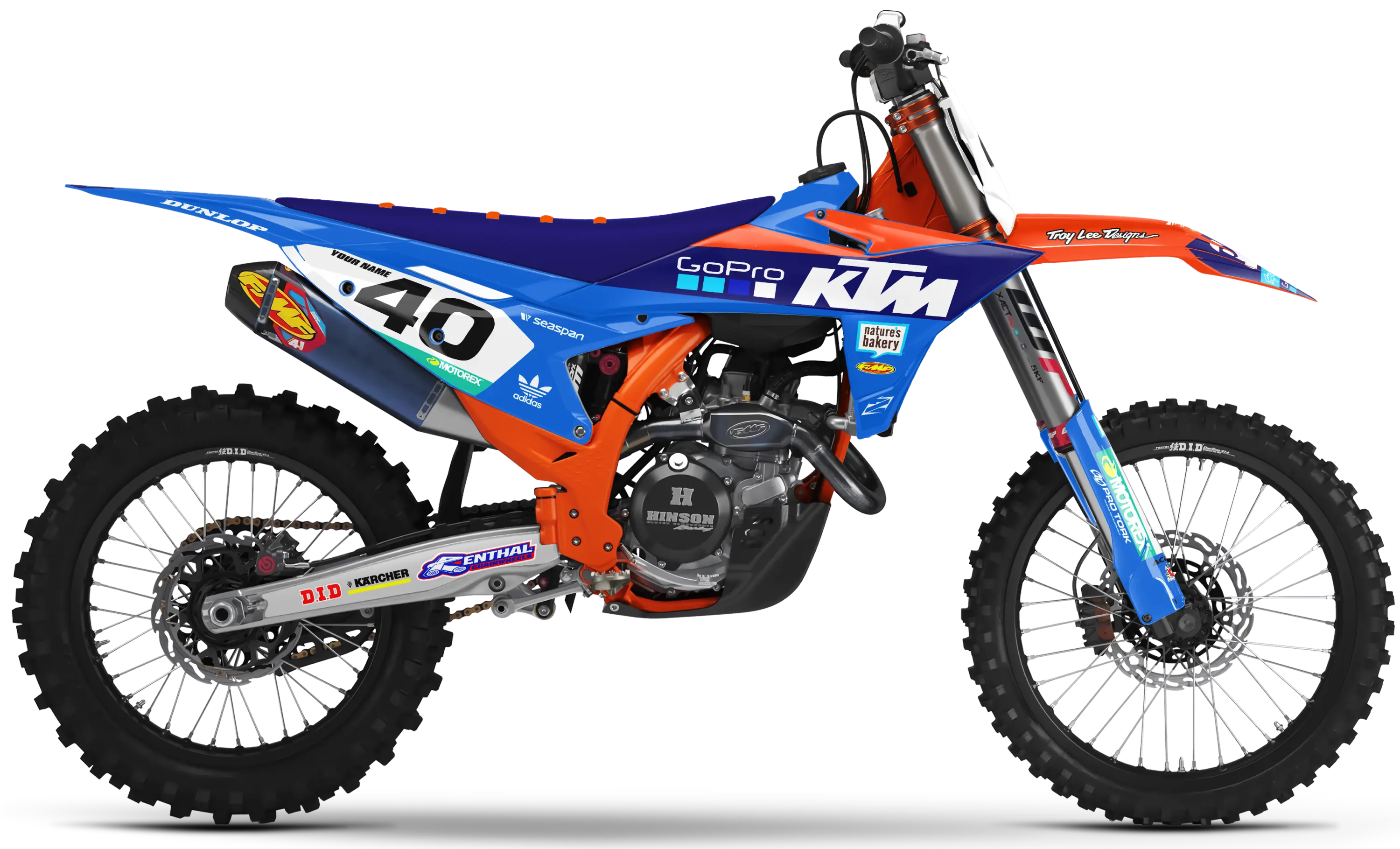 KTM motocross graphics kit GoPro Blue design on KTM dirt bike with number 40 mx decals.